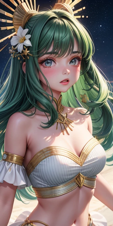 realista, 1girl, cabelo vermelho fogo, olhos verdes esmeralda, olhos brilhantes, top cropped, saia aos quadrados, half-open lips, blush, noite, flores azuis, lua cheia, luz lunar, gato branco