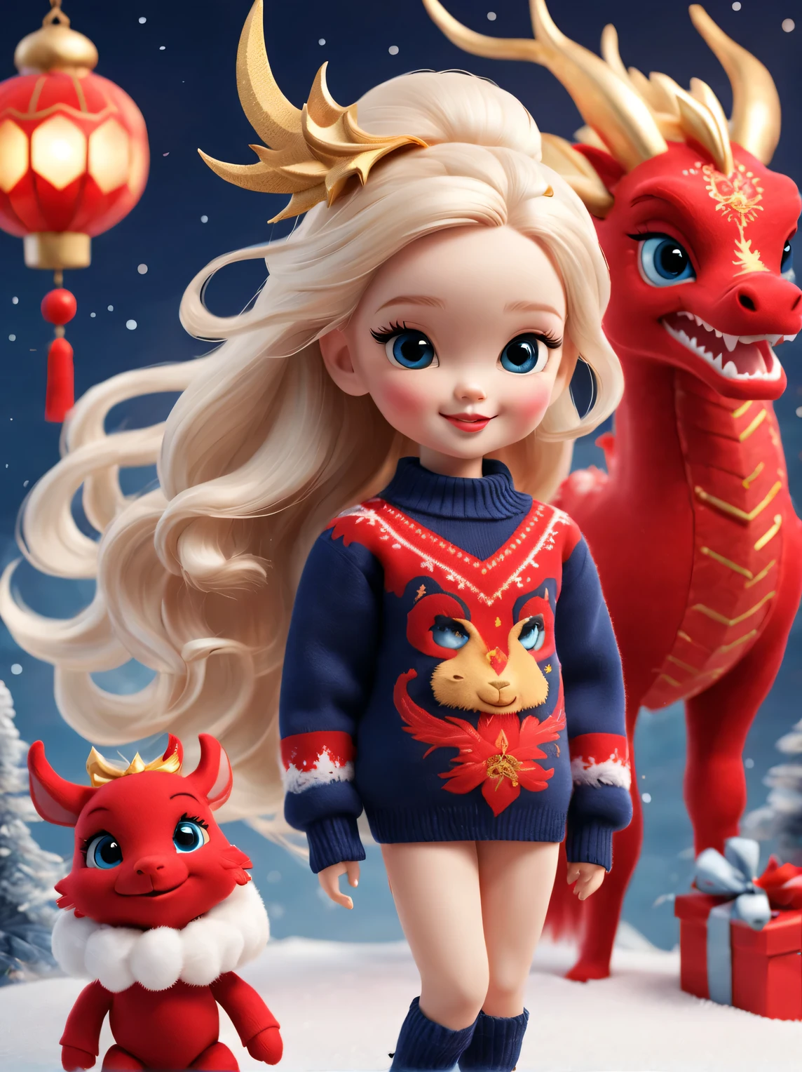 2024 new year plush toy design,(Close up of smiling cute baby chinese dragon and barbie doll:1.1),Wear a sense of luxury, Gorgeous and Stylish Cashmere and Wool Fashions for Winter,(Exquisite cashmere wool craftsmanship) , Background with:Dark navy and fiery red,2024 new year elements,golden ornaments,heavy snow ground, Apply exquisite skills and superb technology,Weave wool into a variety of styles and textures,Pay attention to the edge of the sweater、sutured、Details such as stitching ensure smooth lines of the sweater、Smooth and traceless,Demonstrate perfect craftsmanship quality。
Cute 3d rendering,Cute and detailed digital art,Miniature feeling,stylized 3d render,3d rendered figure art 8k,lovely digital painting,Anime style 3D,Ultra-detailed rendering