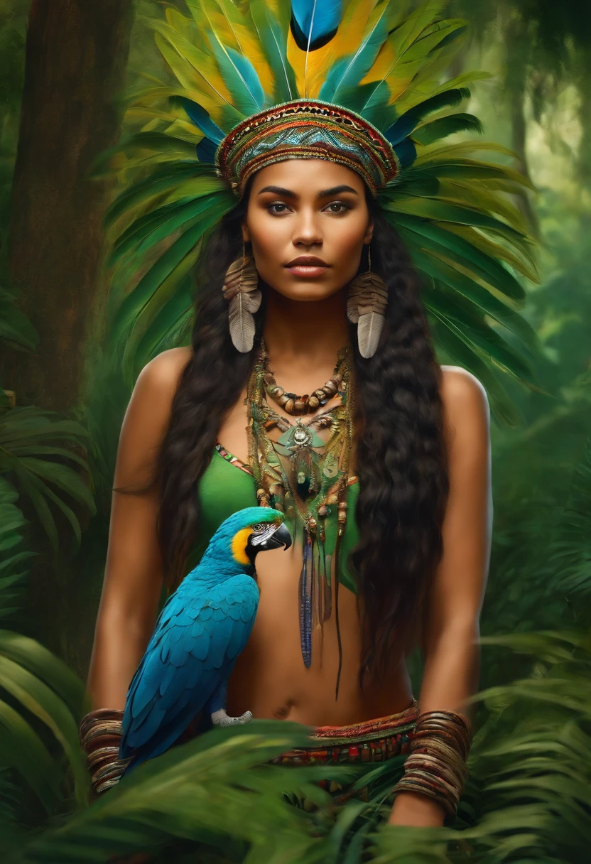 Baroque style painting of a young indigenous woman with a headdress made of Macaw feathers on her head, indigenous body paint, beautiful and strong young woman, dressed in green, long hair with braids, in the background forest with jaguars and panthers.