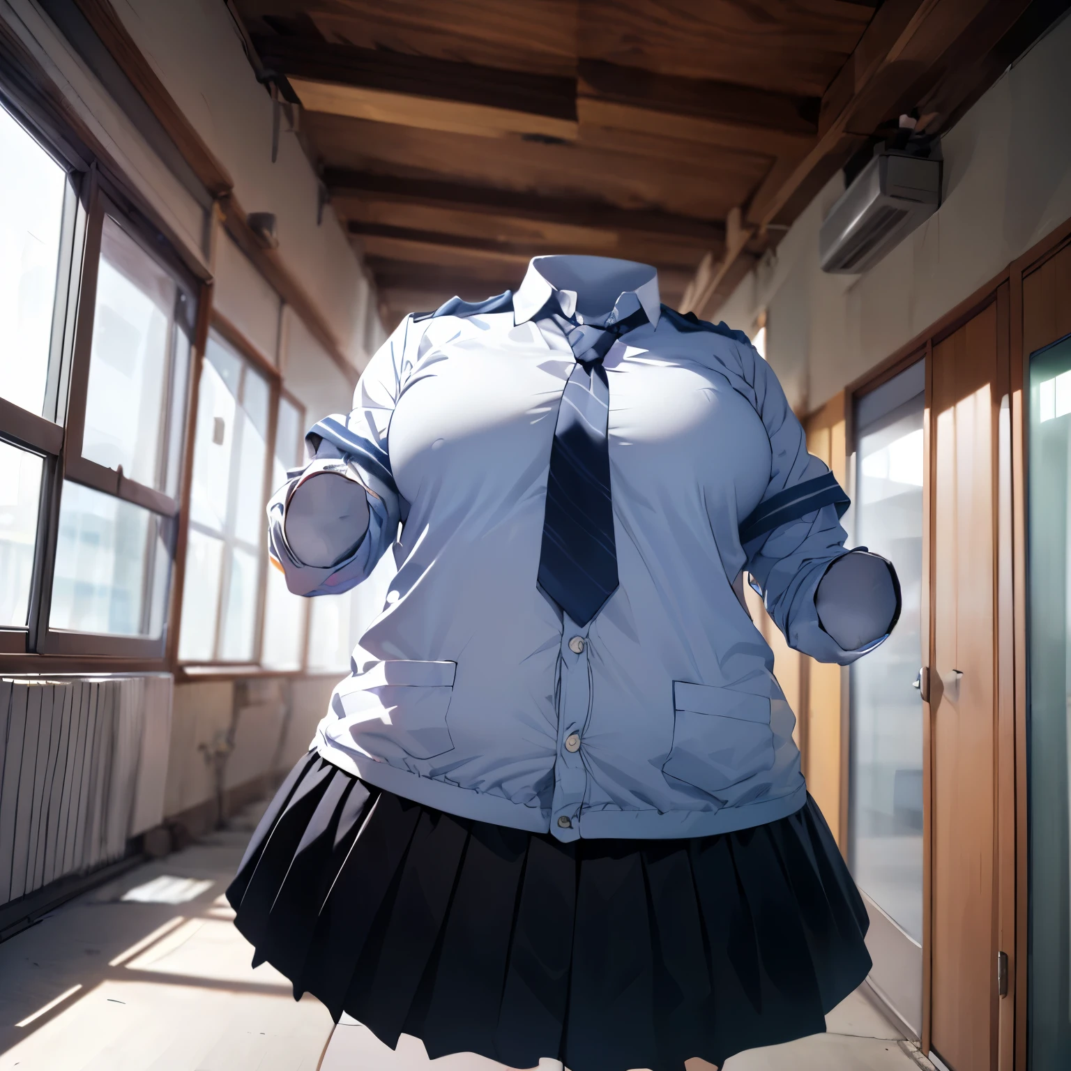 absurdres, highres, ultra detailed, school uniform, stripe tie, cute big breasts, (invisible, no human, headless, handless:1.5), chubby, from below, cute pose, white leggings