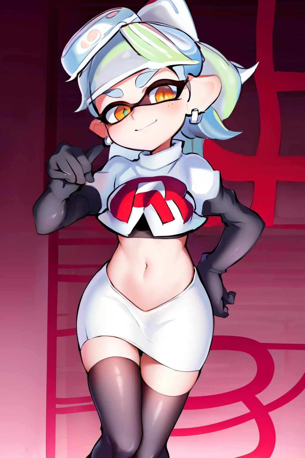 masterpiece, best quality, splatoon, (marie:1.2), cute, team rocket,team rocket uniform,white skirt,red letter R,crop top,black thigh-highs,black elbow gloves