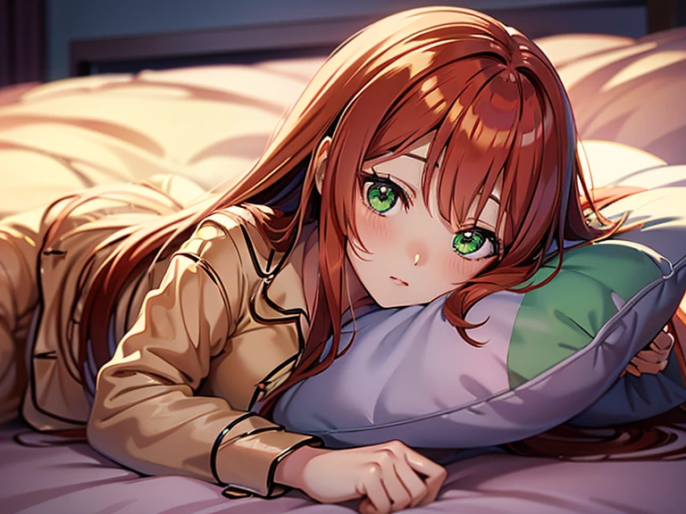 (Best quality), 1girl, Anime girl with long hair, Anime visuals of cute girls, Anime Best Girl, pretty anime girl, Seductive Anime Girl, charming anime girl, Cute anime girl, expressive face, Shining eyes, ((looking at viewer)), close up, red hair, green eyes, (((pajamas))), bedroom, ((sleeping)), lying down in bed, pillows, blanket,