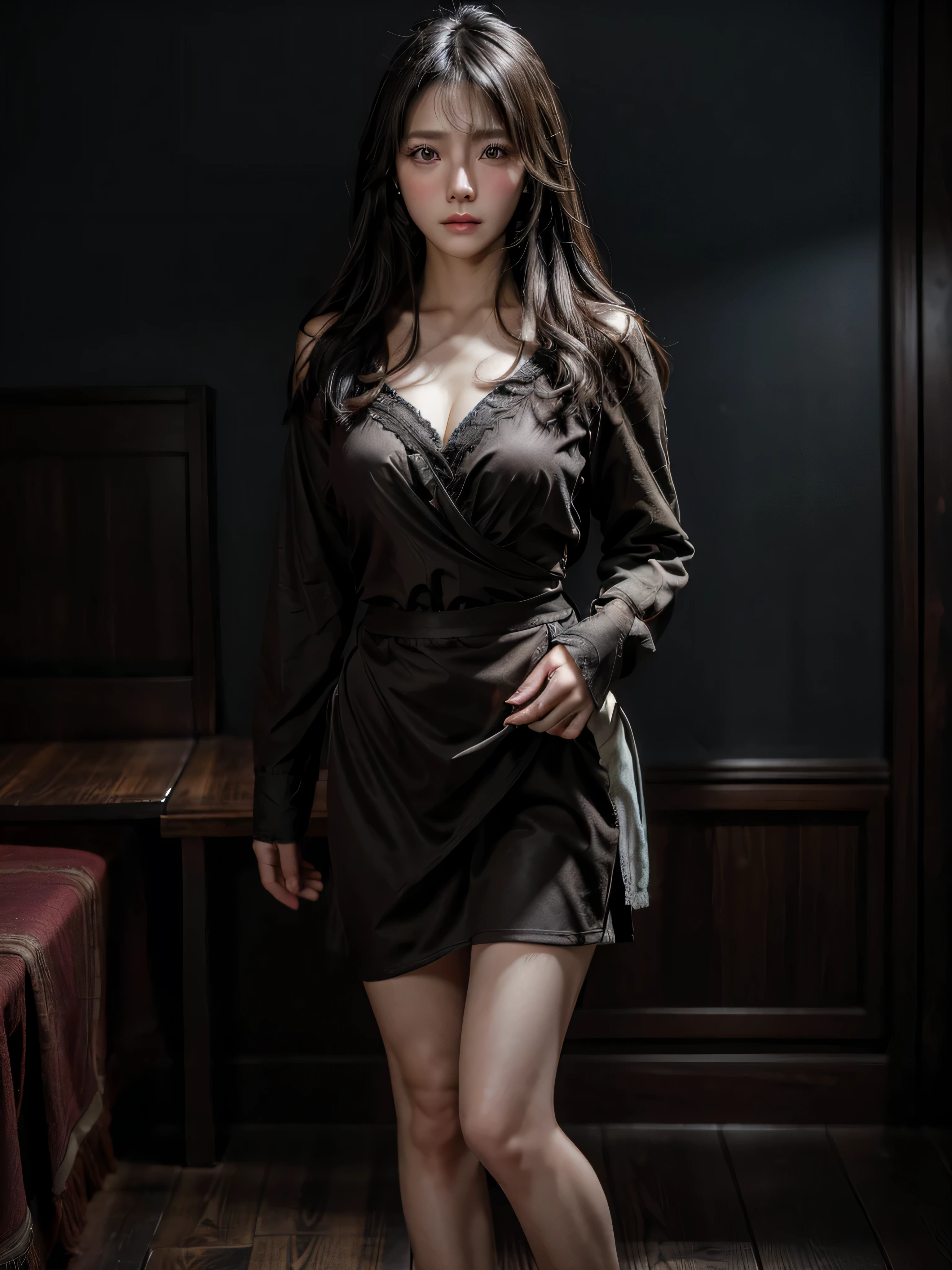 8K,1girll,inside a luxury Villa,Ultimate detail,brunette color hair,Elaborate Eyes,二重まぶた,Inverted triangle polygon type,Delicate skin texture,Wear a bandeau dress,blacksilk,Wear high heels,ultra fine detailed