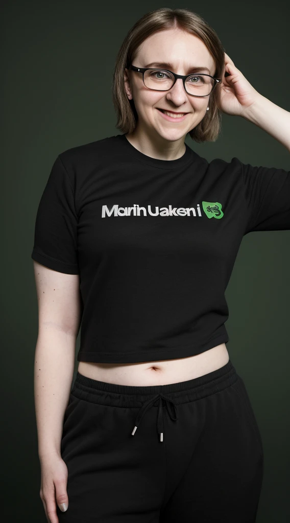 smiling woman with glasses and a black shirt with black sweatpants and a green background, this person does not exist, cute nerdy awkward smile, 30 years old, lena dunham-tanya reynolds-melanie lynksey merged, entire body visible, full body, hyperrealistic, best quality, 8K, real human skin, masterpiece, extremely intricate, medium closeup, detailed eyes, detailed face, detailed body, exaggerated features, pronounced features