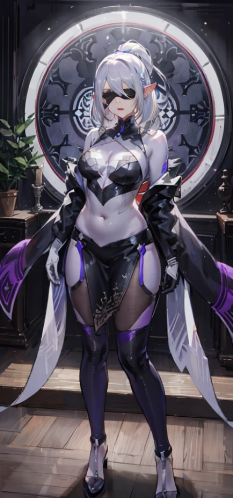 Masterpiece, standing straight symmetrical, full body female drow elf slave wearing an adventurer outfit, black blindfolded, (very purple skin) (((1 girl)),ray tracing,(dim lighting),[detailed background (bedroom)),((silver hair)),((silver hair)),(Fluffy silver hair, plump slender girl)) with high ponytail))))