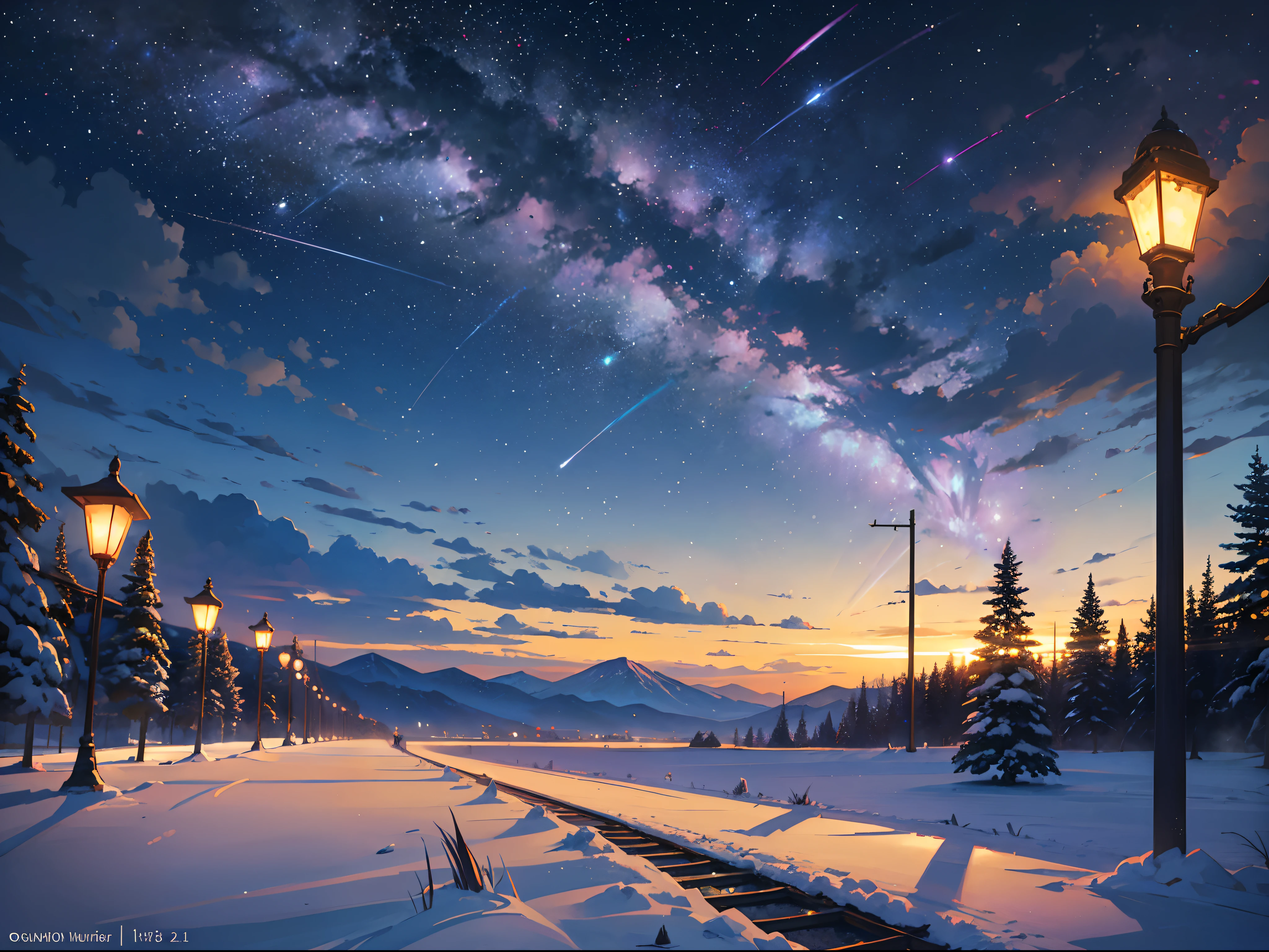 (A train travels along the tracks in the snow:1.1), Shinkai sincerely'concept art, Douban, magic realism, beautiful anime scenes, Cosmos Sky. author:Shinkai sincerely, ,anime backgrounds艺术, anime backgrounds, Shinkai sincerely'styled, anime movie backgrounds, the milky way express, without humans.,(moon full: 1.2), (meteors: 0.9), (Starcloud: 1.3), Far Mountain , Trees break the craft art, (warm lights: 1.2), (glowworm: 1.2), lamp lights, lots of purples and oranges, Complicated details, Volumetriclighting, Realist breakthrough (tmasterpiece: 1.2), (Best quality at best), 4K, ultra - detailed, (dynamic compositions: 1.4), The is very detailed, Colorful details, (Irridescent color: 1.2), (luminouslighting, Ambient lighting), dream-like, magical