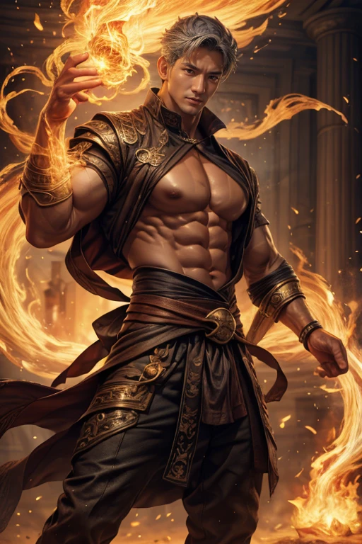 Realist, tmasterpiece, Complicated details, detailedbackground, depth of fields, musculous, 韩国magister帅气照片, (Young Korean man looks like K-pop idol), 25 age old, (Short gray hair), Sexy crotch, Fire spells, magister, Sexy muscles, Naked，，musculous的身体，Rough skin texture，Strong masculine characteristics，Wearing a tong, focal, pyromania, white skinned, pale nipples,(8K，tmasterpiece，The best quality，A high resolution，ultra - detailed)