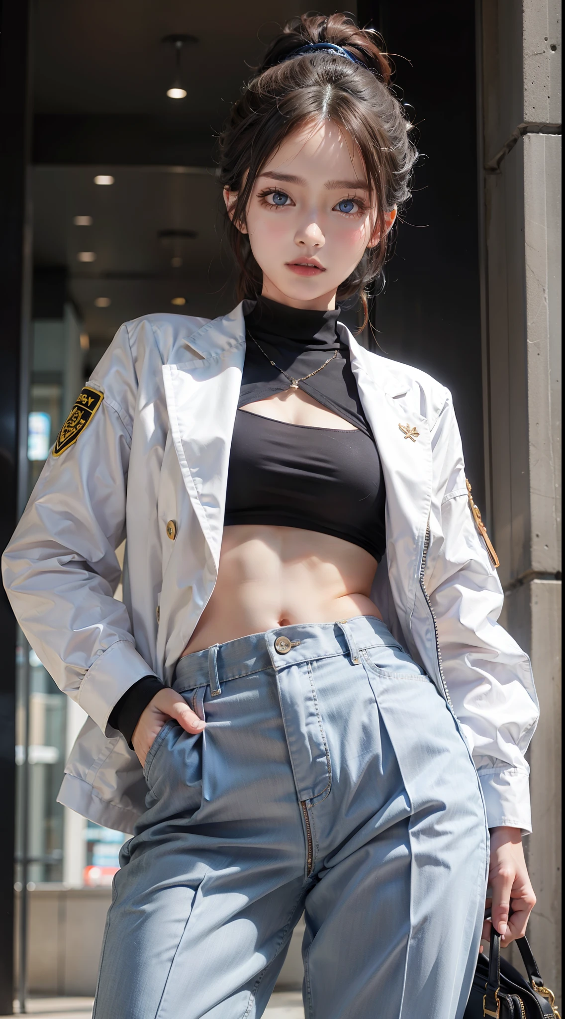 maam, Short gray hair, high ponytails, blue eye color, White luxury jacket, trouser, avas, Blue lipstick, ssmile, tmasterpiece, high high quality