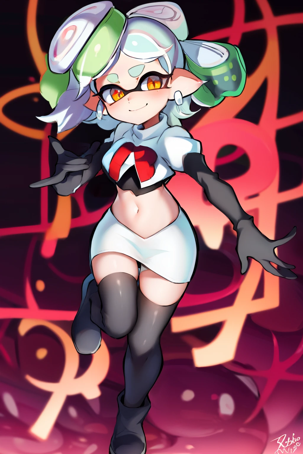 masterpiece, best quality, splatoon, (marie:1.2), cute, team rocket,team rocket uniform,white skirt,red letter R,crop top,black thigh-highs,black elbow gloves