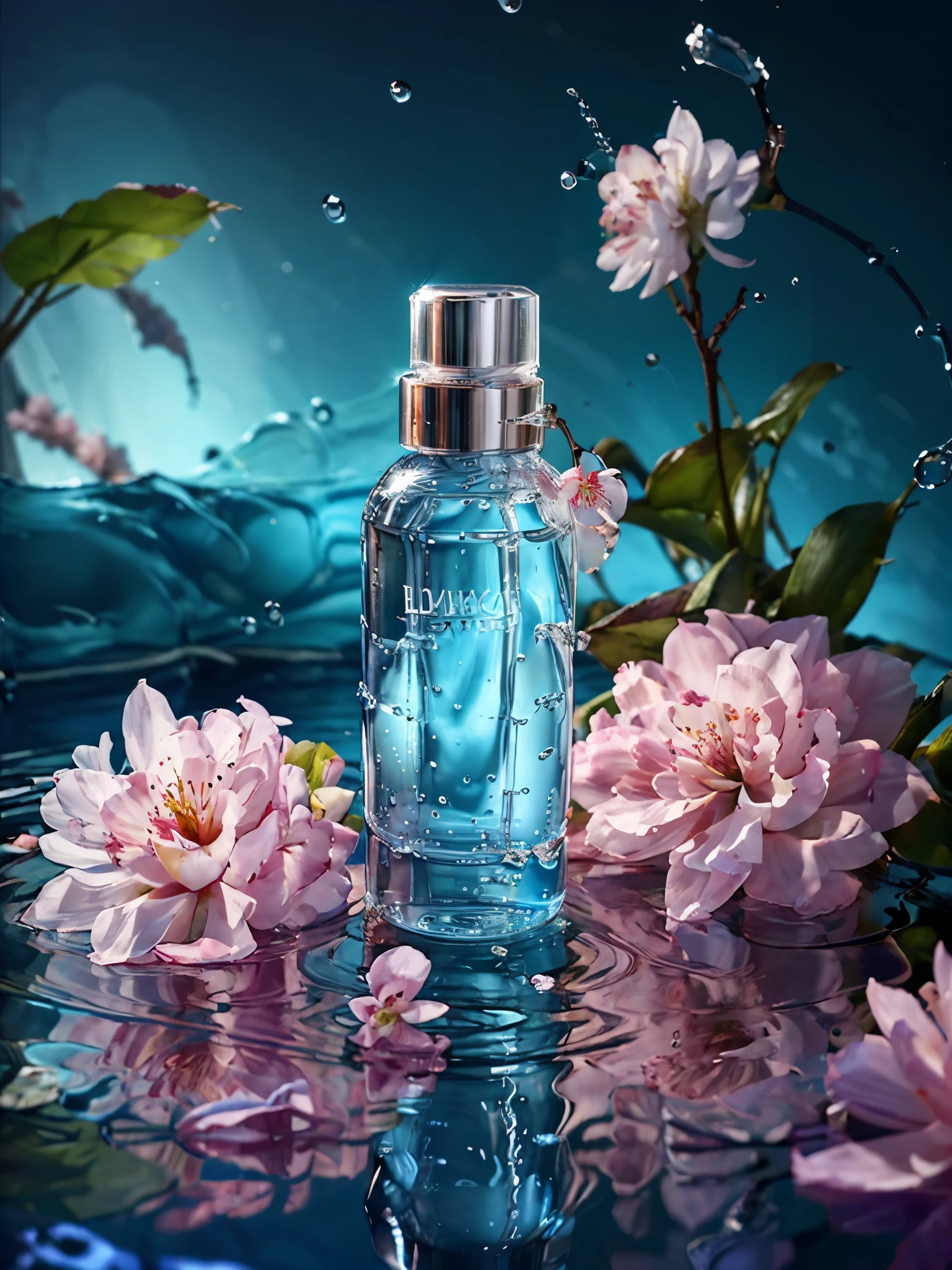 best quality, 4k, 8k, high resolution, masterpiece, ultra-detailed, photorealistic, blender, makeup bottle, cherry blossom wrapped around, blue sky background, water, sunlight, low perspective,  product rendering