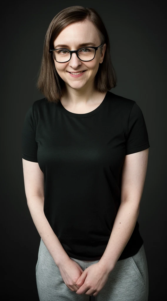 smiling woman with glasses and a black shirt with black sweatpants and a green background, this person does not exist, cute nerdy awkward smile, 30 years old, lena dunham-tanya reynolds-melanie lynksey merged, entire body visible, full body, hyperrealistic, best quality, 8K, real human skin, masterpiece, extremely intricate, medium closeup, detailed eyes, detailed face, detailed body, exaggerated features, pronounced features
