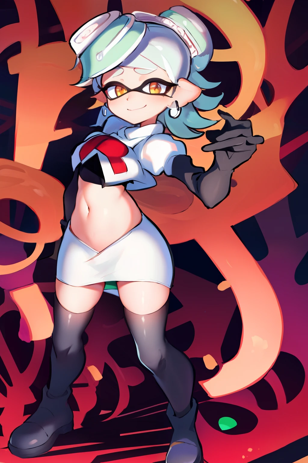masterpiece, best quality, splatoon, (marie:1.2), cute, team rocket,team rocket uniform,white skirt,red letter R,crop top,black thigh-highs,black elbow gloves