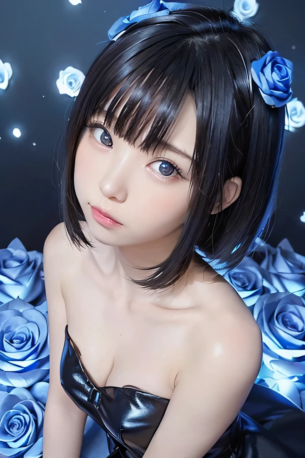 (Best Quality, masutepiece), (1girl in, Solo, Black Dress, Standing , Looking at Viewer, Black and blue hair, Blue eyes, Closed mouth, ),((Blue roses)), 1girll、flat body、Slimed、cute little、Elementary school face、 (Background bokeh)、(Glow:1.3)、(blue geometry background:1.3)、(head shot)、Blue Rose、blue flower