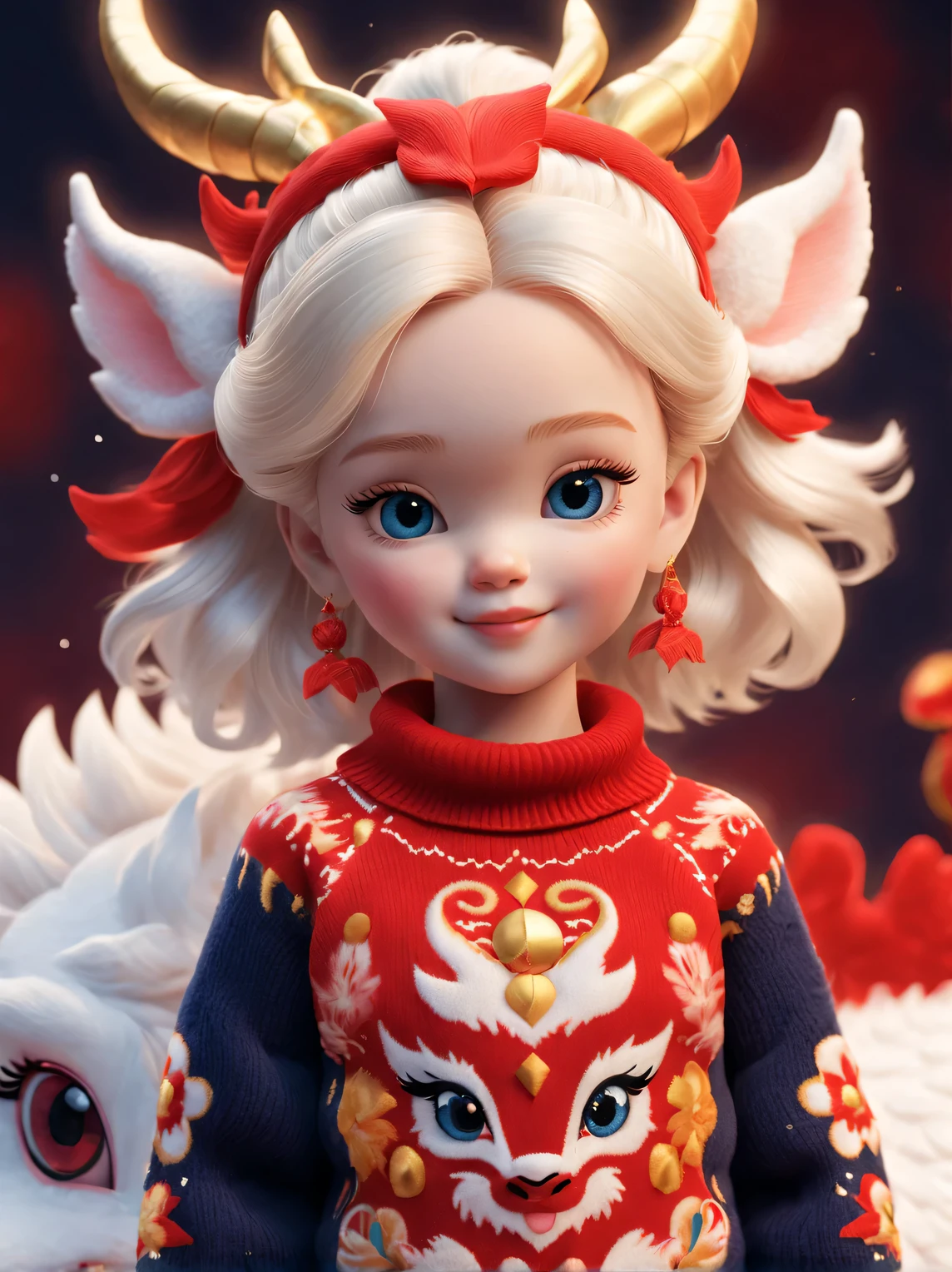 (Close up of smiling cute zodiac dragon baby and barbie girl:1.1),Wear a sense of luxury, Gorgeous fashionable winter cashmere wool craft , 2024 new year elements,golden ornaments,heavy snow ground,Background with:Dark navy and fiery red,Apply exquisite skills and superb technology,Weave wool into a variety of styles and textures,Pay attention to the edge of the sweater、sutured、Details such as stitching ensure smooth lines of the sweater、Smooth and traceless,Demonstrate perfect craftsmanship quality。
natalie shaw style,Cute 3d rendering,Cute and detailed digital art,stylized 3d render,3D rendering character art, 8K,lovely digital painting,Anime style 3D,Ultra-detailed rendering
