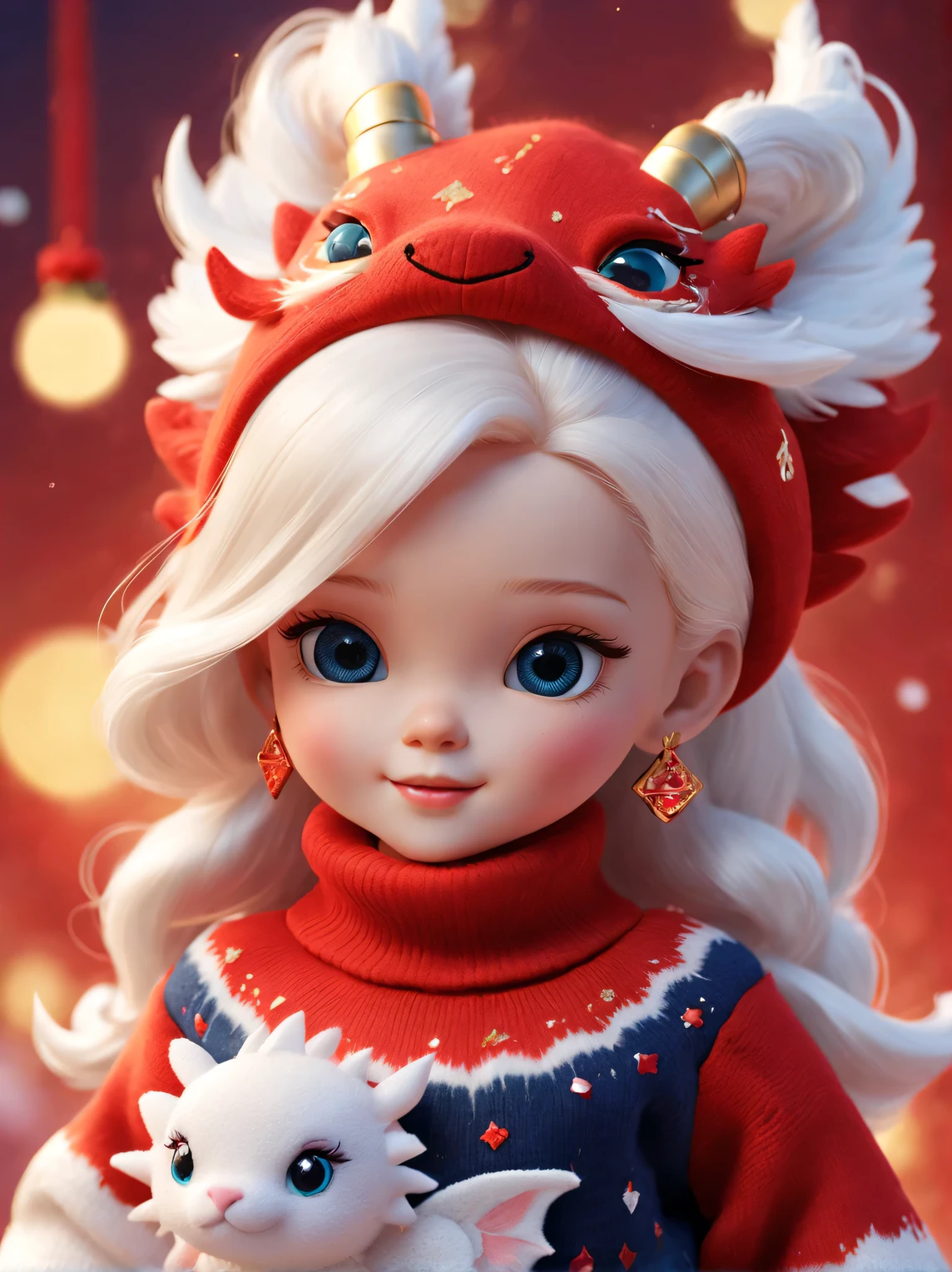 (Close up of smiling cute zodiac dragon baby and barbie girl:1.1),Wear a sense of luxury, Gorgeous fashionable winter cashmere wool craft , 2024 new year elements,golden ornaments,heavy snow ground,Background with:Dark navy and fiery red,Apply exquisite skills and superb technology,Weave wool into a variety of styles and textures,Pay attention to the edge of the sweater、sutured、Details such as stitching ensure smooth lines of the sweater、Smooth and traceless,Demonstrate perfect craftsmanship quality。
natalie shaw style,Cute 3d rendering,Cute and detailed digital art,stylized 3d render,3D rendering character art, 8K,lovely digital painting,Anime style 3D,Ultra-detailed rendering