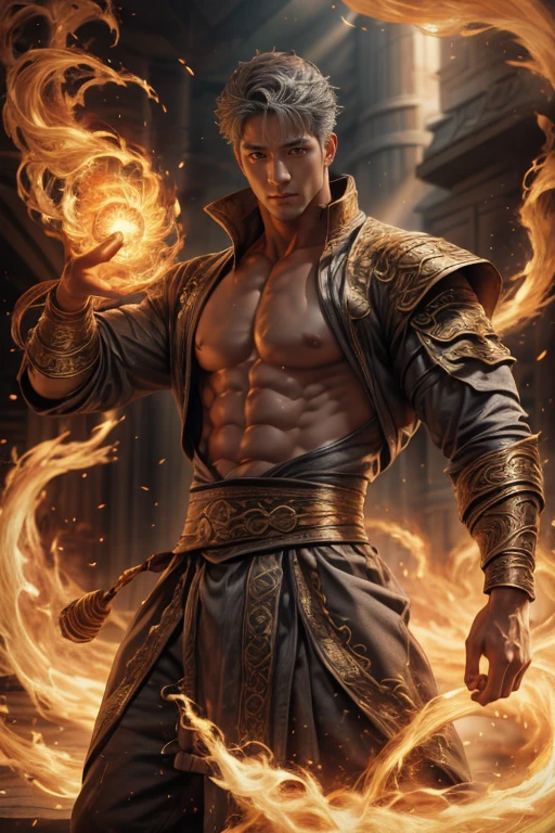 Realist, tmasterpiece, Complicated details, detailedbackground, depth of fields, musculous, 韩国magister帅气照片, (Young Korean man looks like K-pop idol), 25 age old, (Short gray hair), Sexy crotch, Fire spells, magister, Sexy muscles, Naked，fill，musculous的身体，Rough skin texture，Strong masculine characteristics，Wearing a tong, focal, pyromania, white skinned, pale nipples,(8K，tmasterpiece，The best quality，A high resolution，ultra - detailed)