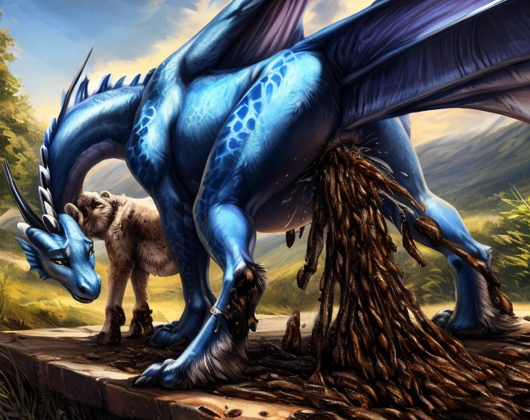 ((((photorealistic feral white puddle with blue dragon)))), ((((feral, duo, anal, stomach bulge)))), ((((excessive feces, cum splatter, feces covered)))), ((((standing, doggystyle, sex from behind)))), outside, sunny, blue skys, best quality, shaded, extreme detail, highly detailed, ultradetailed, intricate, realistic, detailed background, hi res, realistic, photography \(artwork\),  \(artwork\), (by kenket), by ross tran, by michael & inessa garmash, by pino daeni, by isvoc, by kiguri, by alena aenami, by ruan jia, (by zenthetiger, by wolfy-nail), by Enki Bilal, by drmax, photorealism, photorealism,