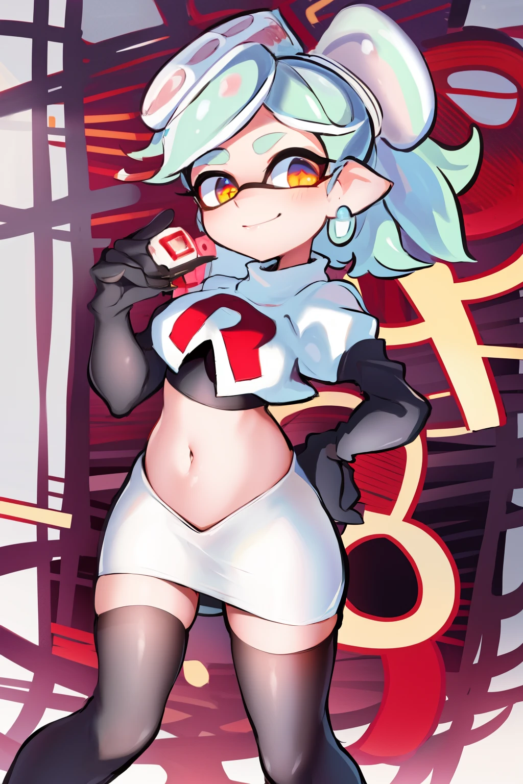 masterpiece, best quality, splatoon, (marie:1.2), cute, team rocket,team rocket uniform,white skirt,red letter R,crop top,black thigh-highs,black elbow gloves