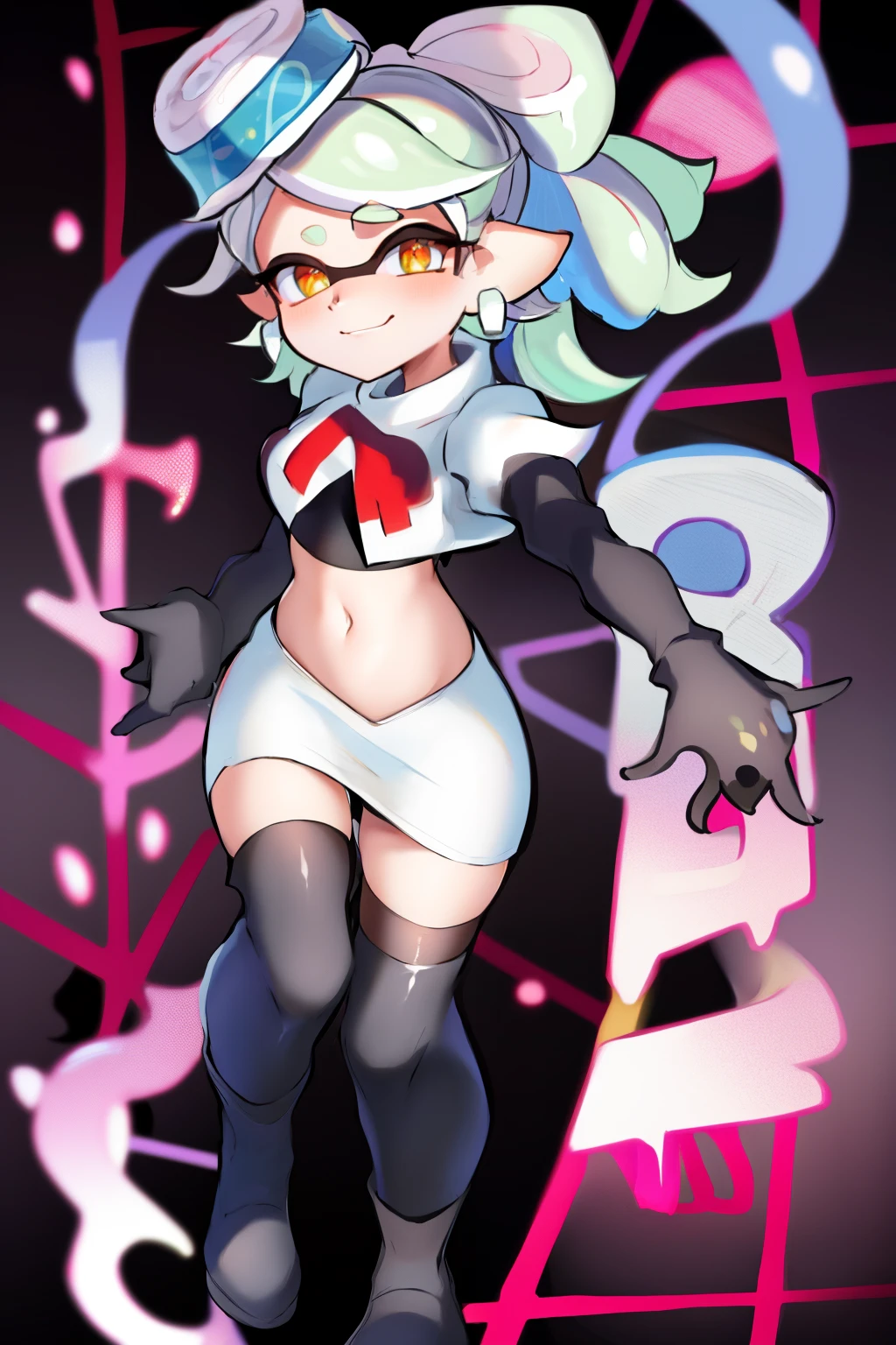 masterpiece, best quality, splatoon, (marie:1.2), cute, team rocket,team rocket uniform,white skirt,red letter R,crop top,black thigh-highs,black elbow gloves