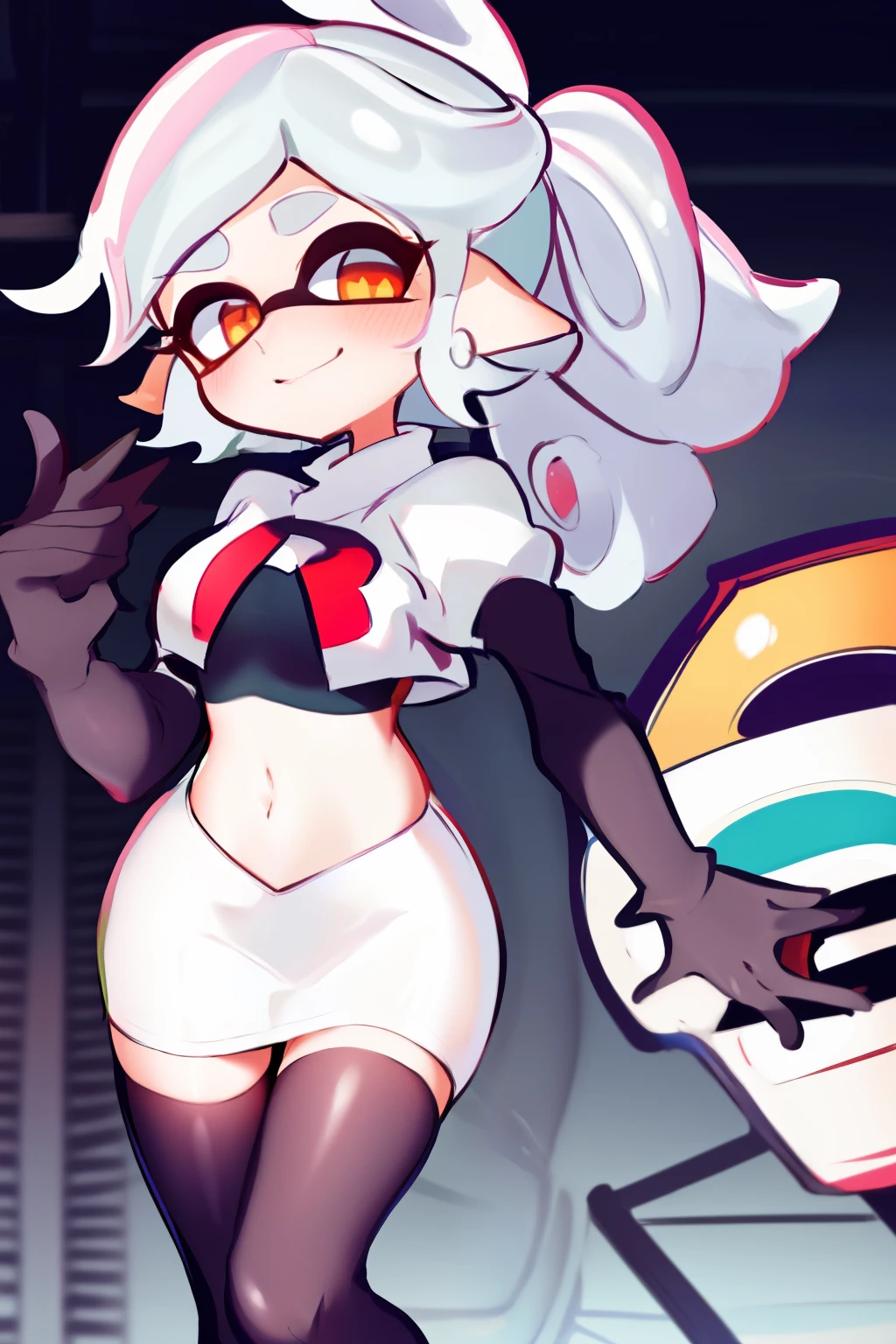 masterpiece, best quality, splatoon, (marie:1.2), cute, team rocket,team rocket uniform,white skirt,red letter R,crop top,black thigh-highs,black elbow gloves
