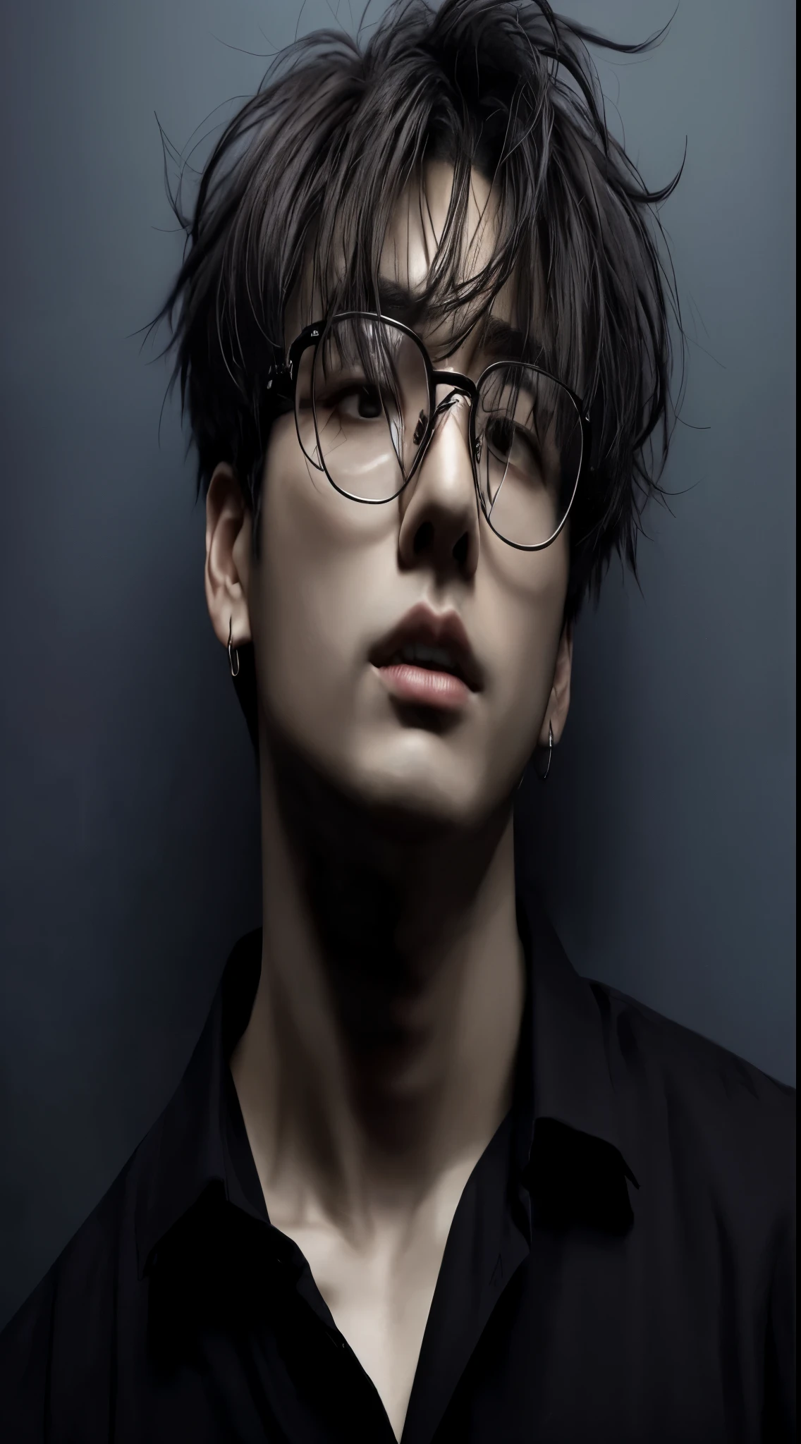 a close up of a man With eye Glasses and a black shirt, Cai Xukun, Hyung Tae, Jungkook, Jinyoung Canela, Hong June Hyung, Jung Jaehyun, With eye Glasses, Yanjun Chengt, Hyung Tae kim, TaeJune Kim, Ulzzang macho, portrait of kpop idol, inspirado em Yanjun Cheng, Seseon Yoon, retrato de alta qualidade