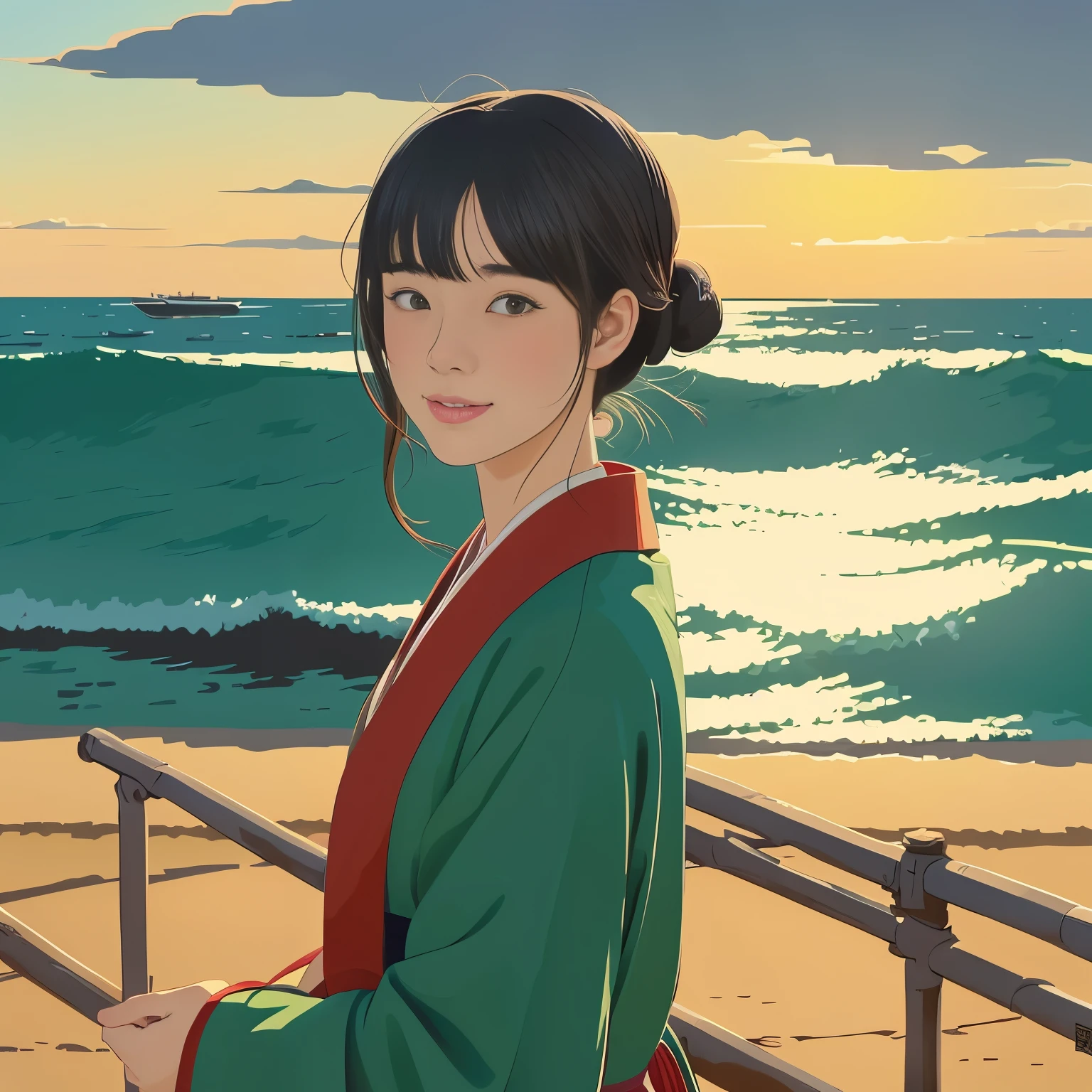 ((kimono)),Illustration style、ukiyoe painting、Showa Anime、Woman facing this way、japanes、The morning sun is shining in the background、Shinkai Makoto style、The season is winter、You can see the sea in the distance