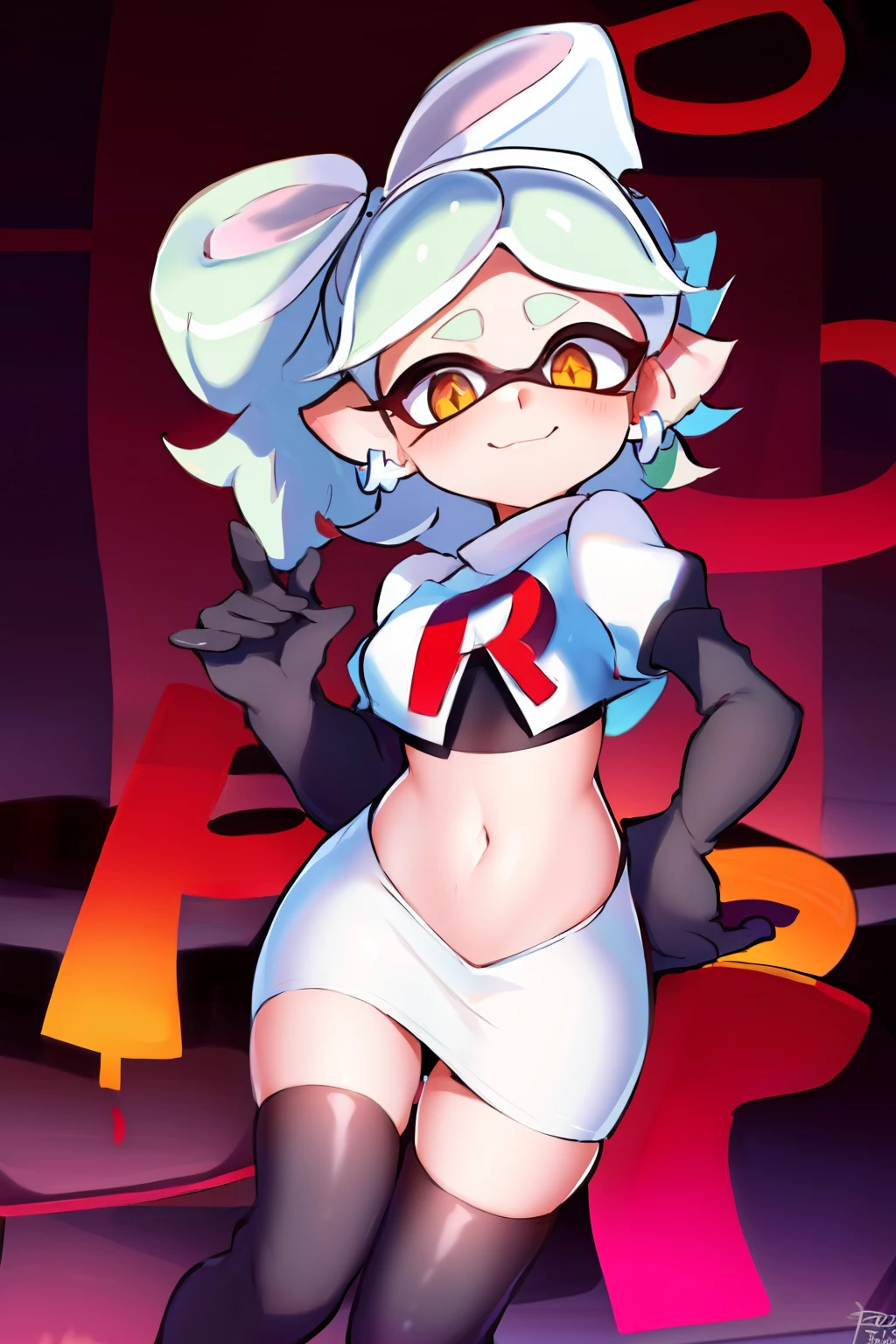 masterpiece, best quality, splatoon, (marie:1.2), cute, team rocket,team rocket uniform,white skirt,red letter R,crop top,black thigh-highs,black elbow gloves
