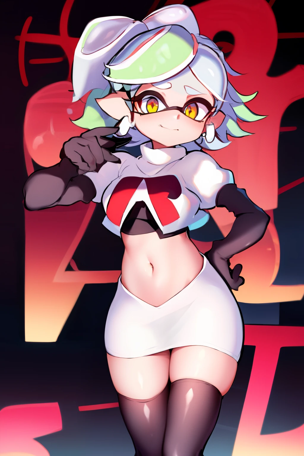 masterpiece, best quality, splatoon, (marie:1.2), cute, team rocket,team rocket uniform,white skirt,red letter R,crop top,black thigh-highs,black elbow gloves