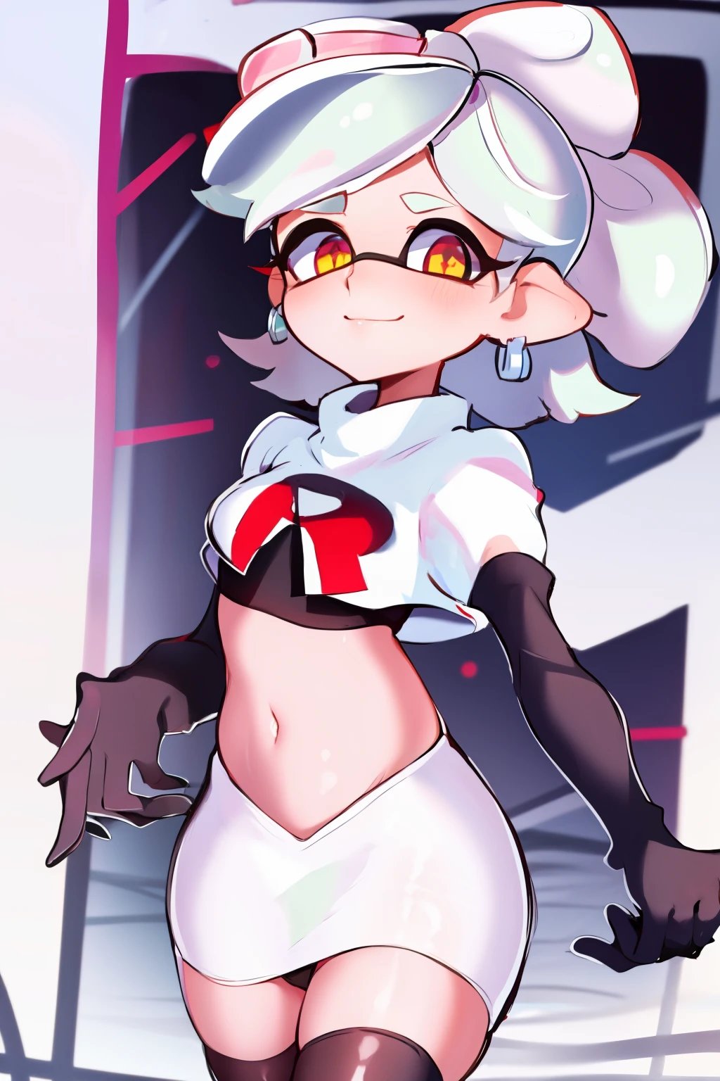 masterpiece, best quality, splatoon, (marie:1.2), cute, team rocket,team rocket uniform,white skirt,red letter R,crop top,black thigh-highs,black elbow gloves