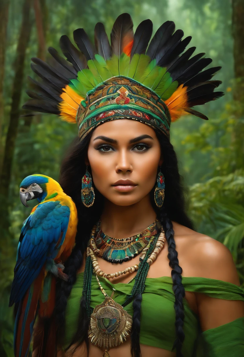 Baroque style painting of a young indigenous woman with a headdress made of Macaw feathers on her head, indigenous body paint, beautiful and strong young woman, wearing green clothes, long straight, silky, black hair, in the background forest with jaguars and panthers.