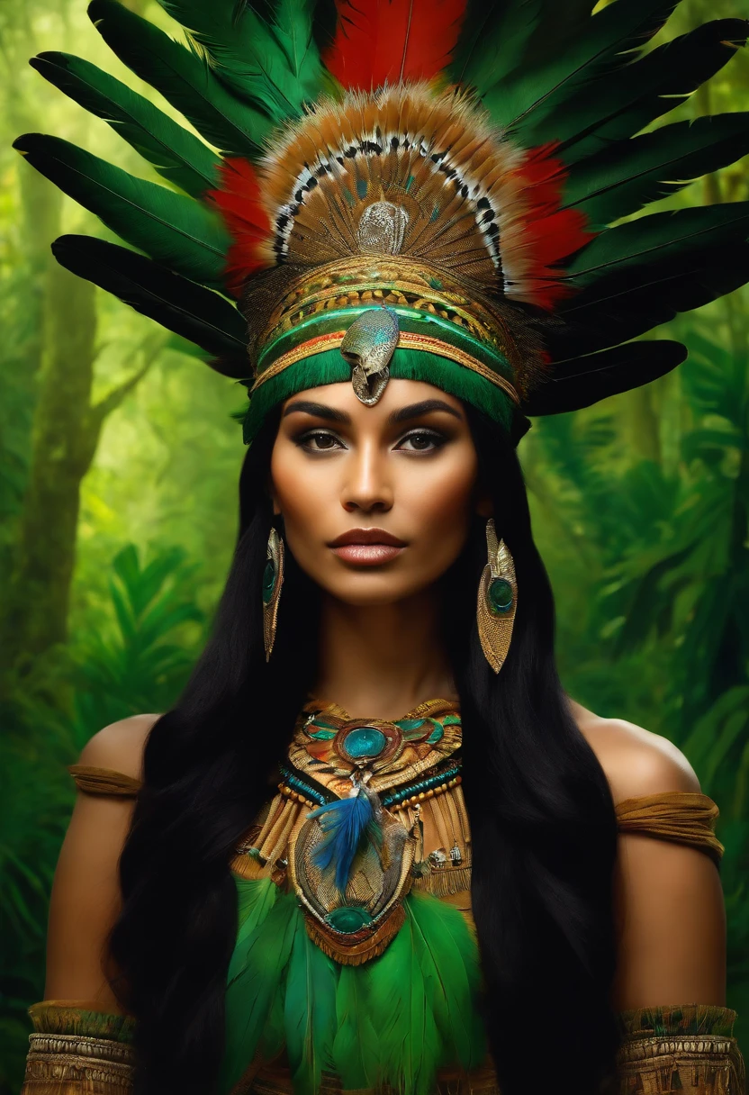 Baroque style painting of a young indigenous woman with a headdress made of Macaw feathers on her head, indigenous body paint, beautiful and strong young woman, wearing green clothes, long straight, silky, black hair, in the background forest with jaguars and panthers.