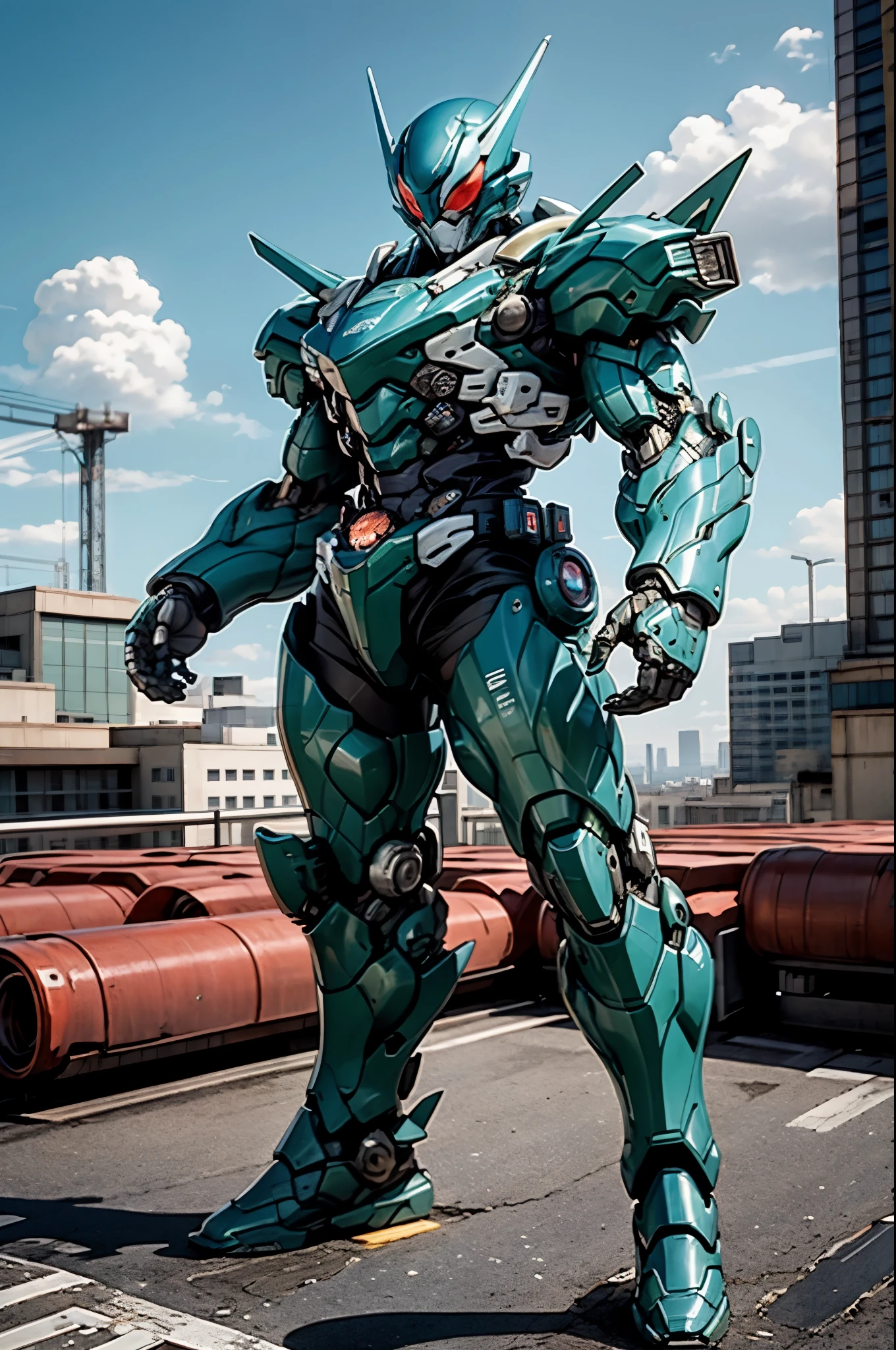A super  a high-tech biotech battle suit, standing on a rooftop, looking over the city, Japanese tokusatsu and American comic style, biometallic texture of the suit, sleek and shiny, dynamic, fast, natural light, cinematic, high quality, high resolution, high detail, sophisticated design, dramatic, high definition, ultra-detailed, ultra-fine painting, extremely delicate, creativity, Natural light, cinematic lighting, best shadow, masterpiece-anatomy-perfect