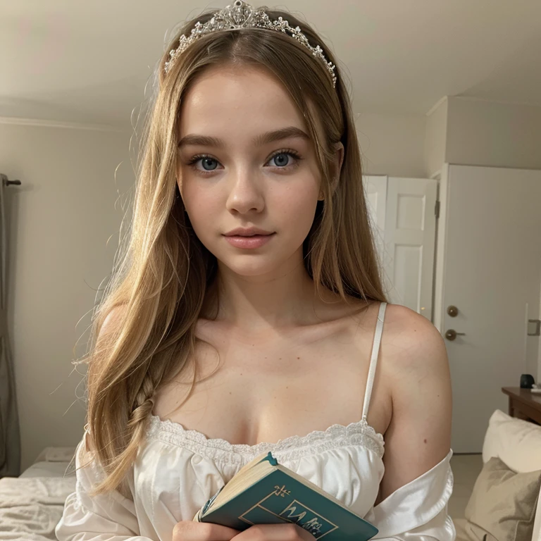 Blonde teenage girl, eighteen years old, with blue eyes, in a room decorated with pictures and bluw details, wearing a white silk dress, with long hair, wearing a small tiara, with a cute facial expression, posing for a picture, perfect face dove cameron, with a book by her side