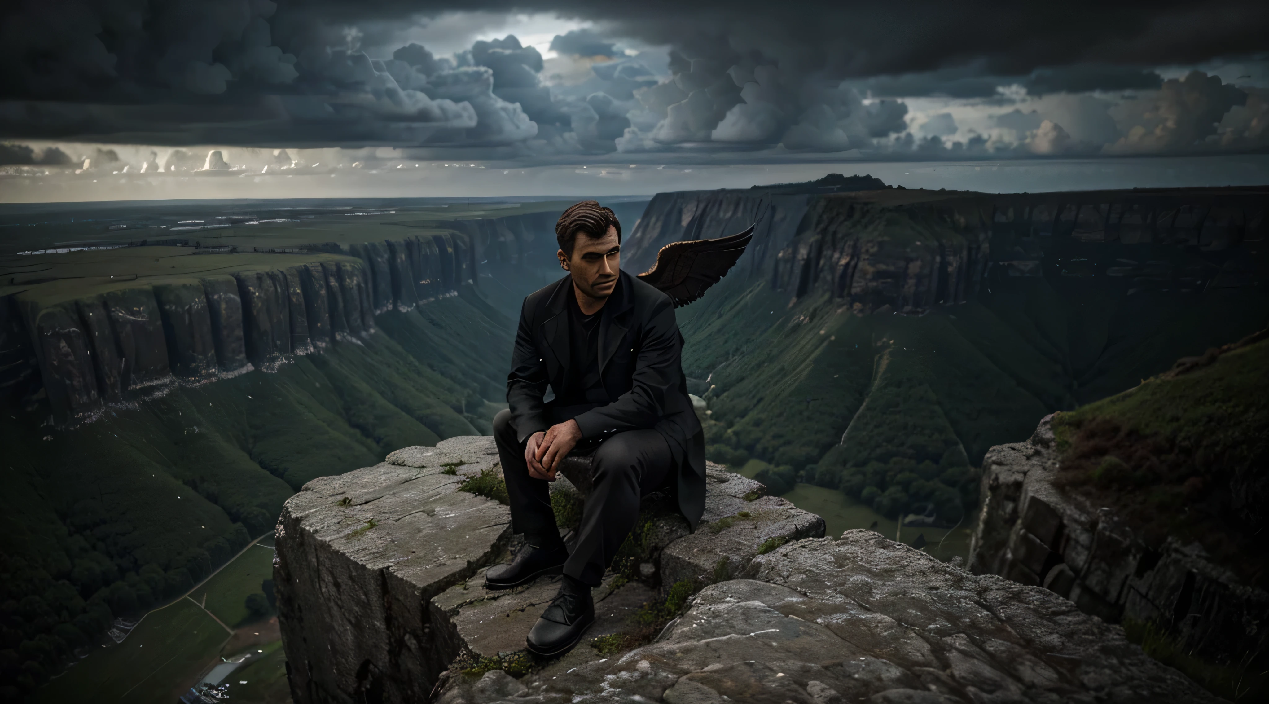 Seen from the front, Ultra-realistic sad man figure of a sad man with wings sits on the edge of a cliff, looking up in a gloomy setting and with dark smoke