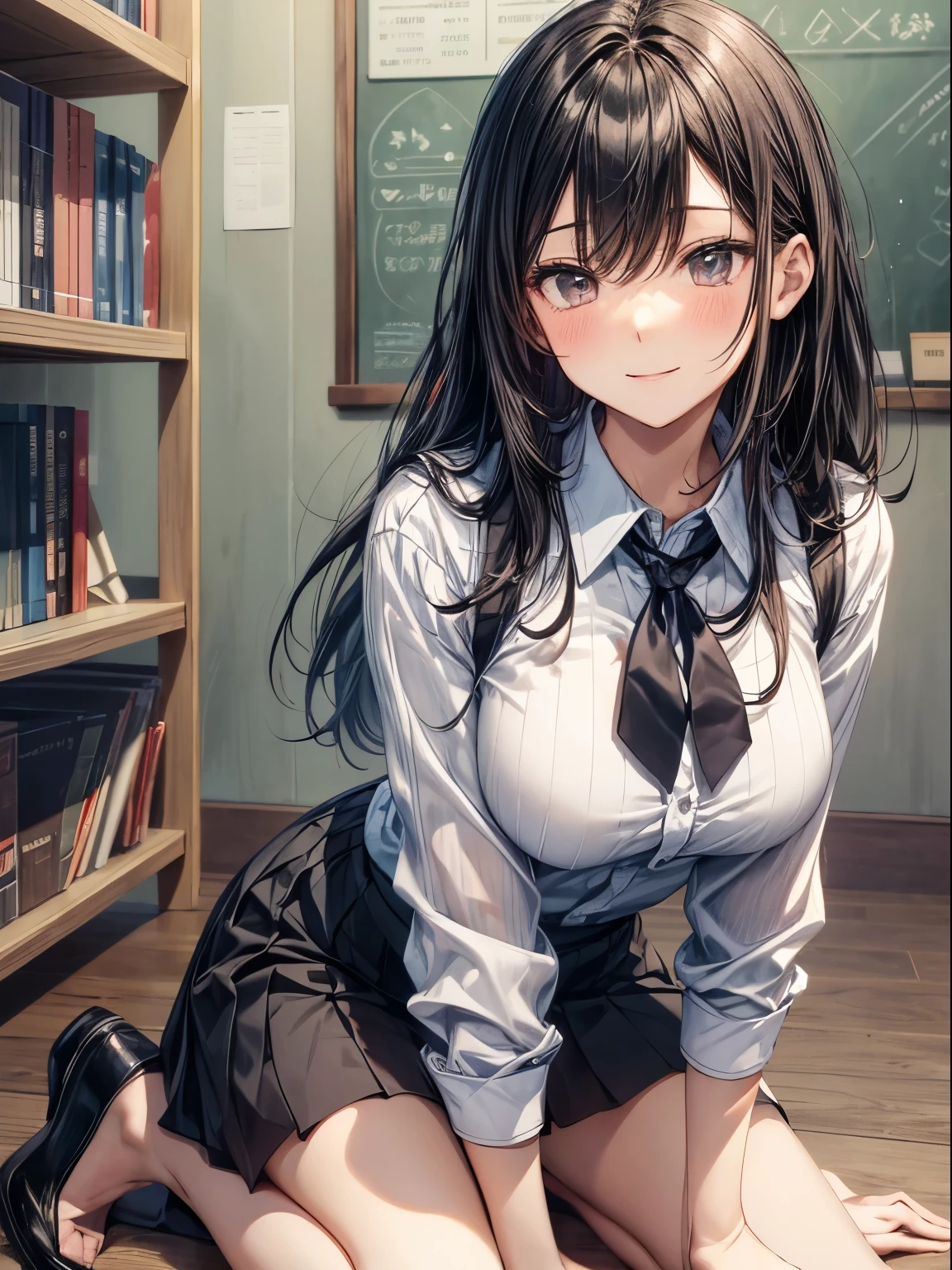top-quality、Full limbs、complete fingers、((one beautiful women))、Beautiful busty woman、Women with straight hair、Woman with dark hair、hi-school girl、Thin long sleeve Y-shirt with collar、Black tie、Black skirt、‎Classroom、A big smile、Kneeling