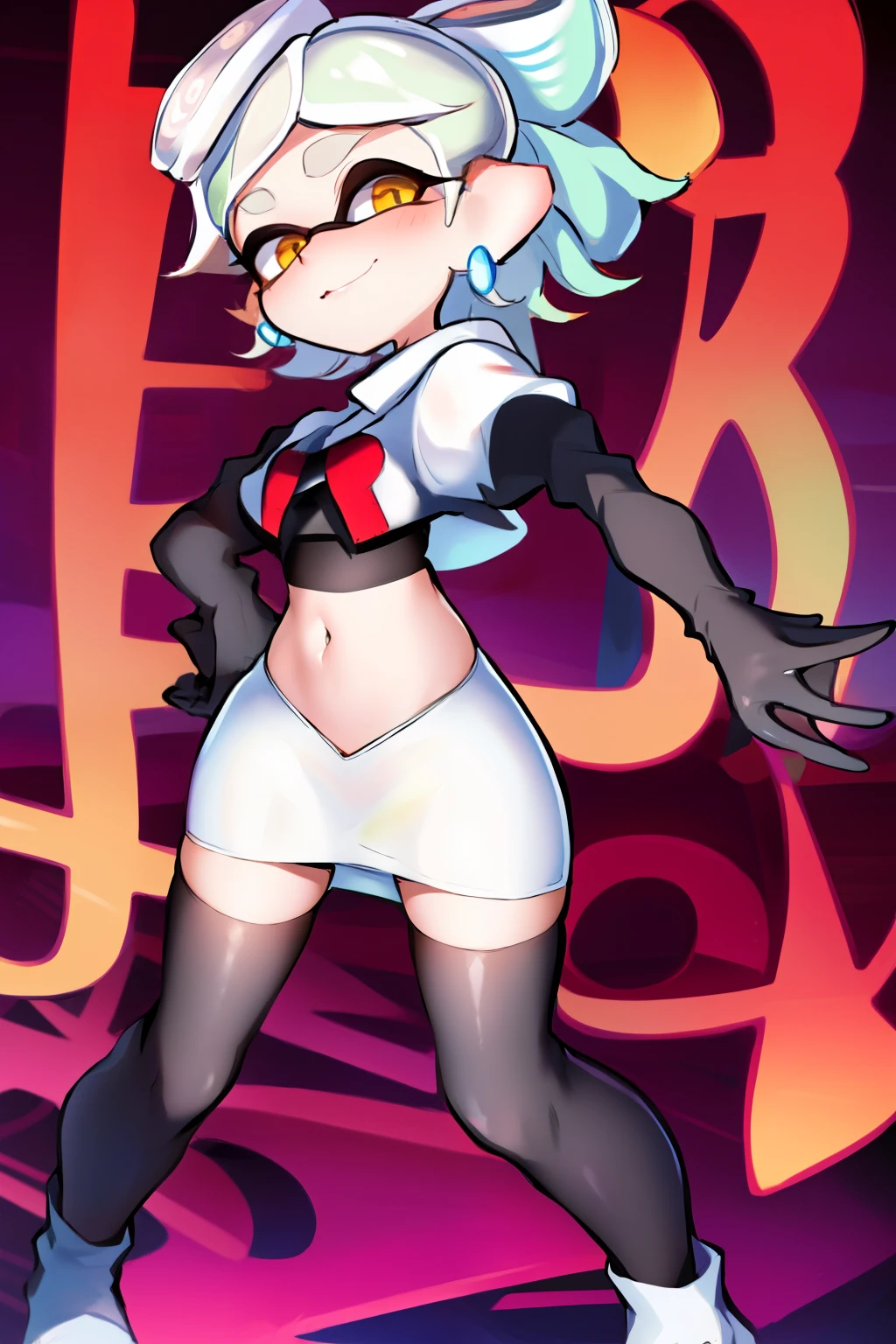 masterpiece, best quality, splatoon, (marie:1.2), cute, team rocket,team rocket uniform,white skirt,red letter R,crop top,black thigh-highs,black elbow gloves