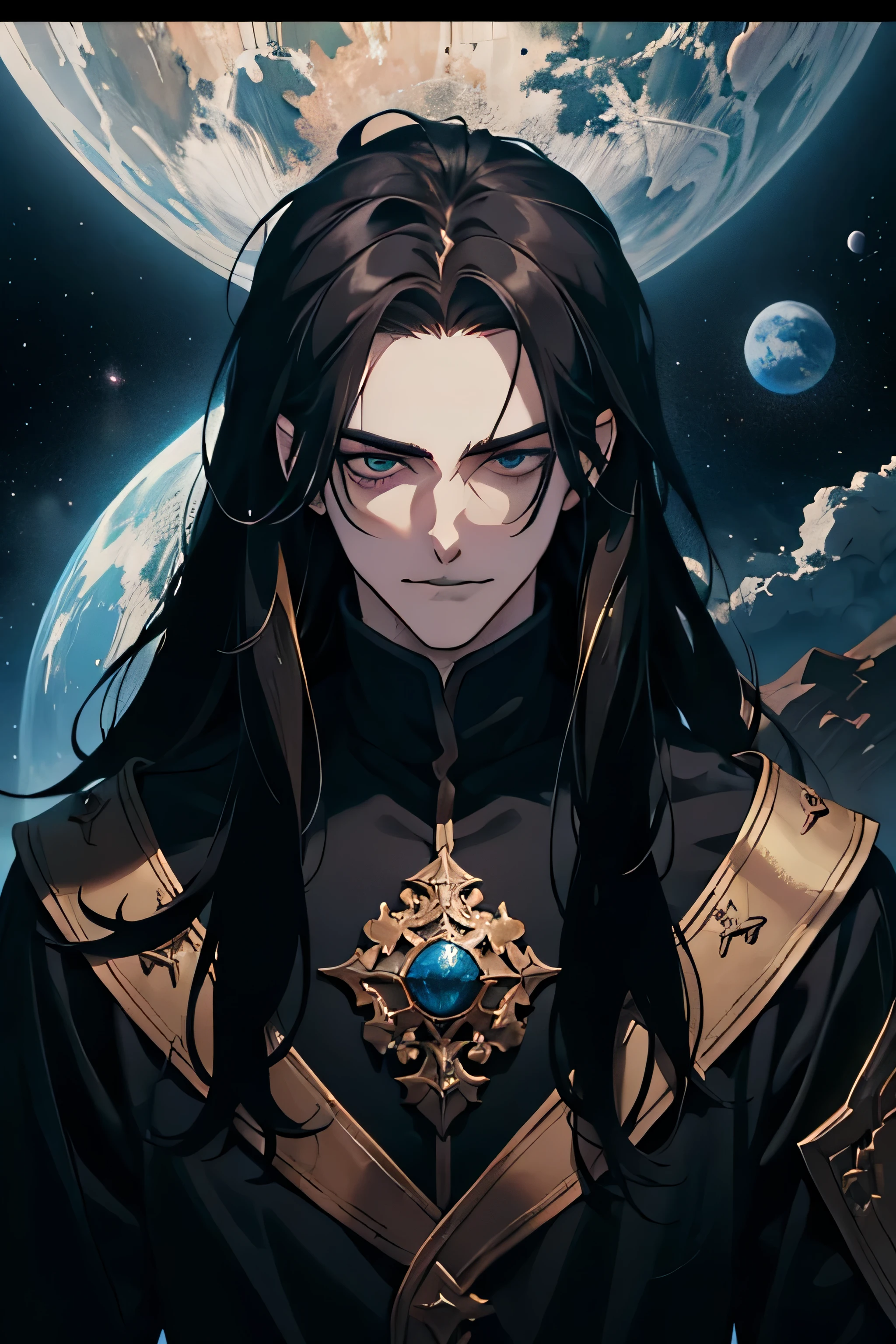 Masterpiece, Best quality, 1 homme, humain, adulte, 20 ans, mauvais look, mauvais smile, mauvais, portail magique, ombre de dragon, Dark Hair, cheveux longs, front plie, visage vicieux, dark themed, sous une planete, Face avant, (Haut du corps)