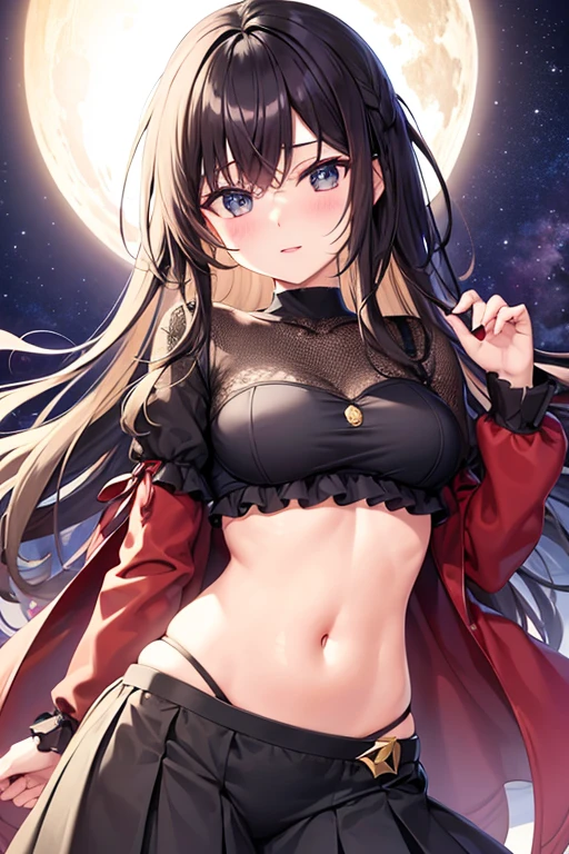 from front,upper body,look at viewer,claw pose,leaning forward,lie on bed,surprised,slender,fair skin,straight hair,long hair,forehead,black hair,Pouting mouth,big breasts,under boob,,large areolas,bare arms,hand between legs,lidoor,starry sky,focus on breasts,