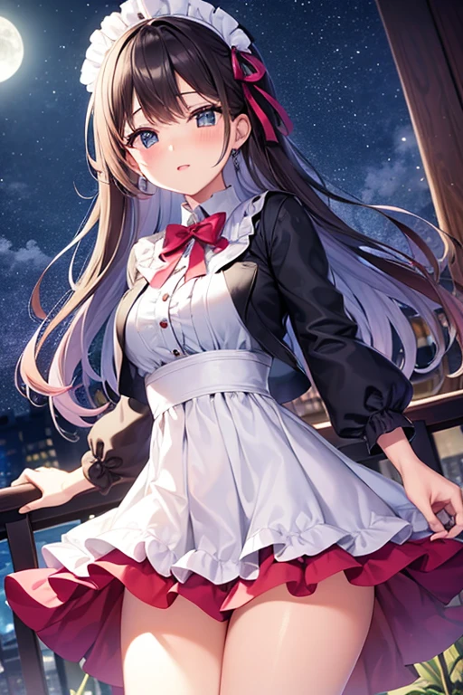 realista, 1girl, cabelo vermelho, olhos verdes esmeralda, olhos brilhantes, top cropped, checkered pattern skirt, luvas compridas, half-open lips, blush, noite, flores azuis, lua cheia, luz lunar,