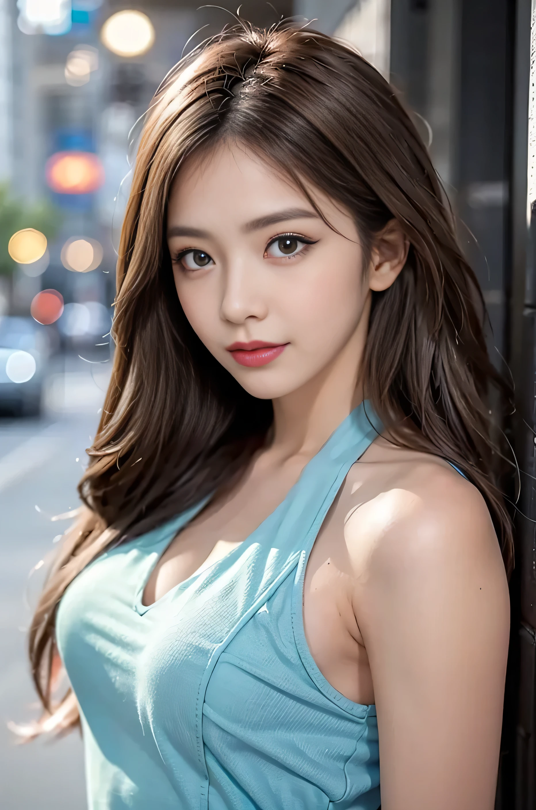 (((a woman posing on the street corner with light blue dress on)))、shiny smooth light brown hair, Beautiful sky with details、耳环、(dynamicposes:1.2)、 (The upper part of the body:0.8)、Soft lighting、the wind、glowy skin、A smile、,(eyeshadows:1.3),(eye line:1.3),(mascara:1.3),(Red cheeks:1.3),(Sexy Lipstick:1.1),K-pop idols、hposing Gravure Idol、cowboy  shot、(((Gal)))、Light blue sleeveless dress、Water-colored suit、Light blue high neck dress:1.2、