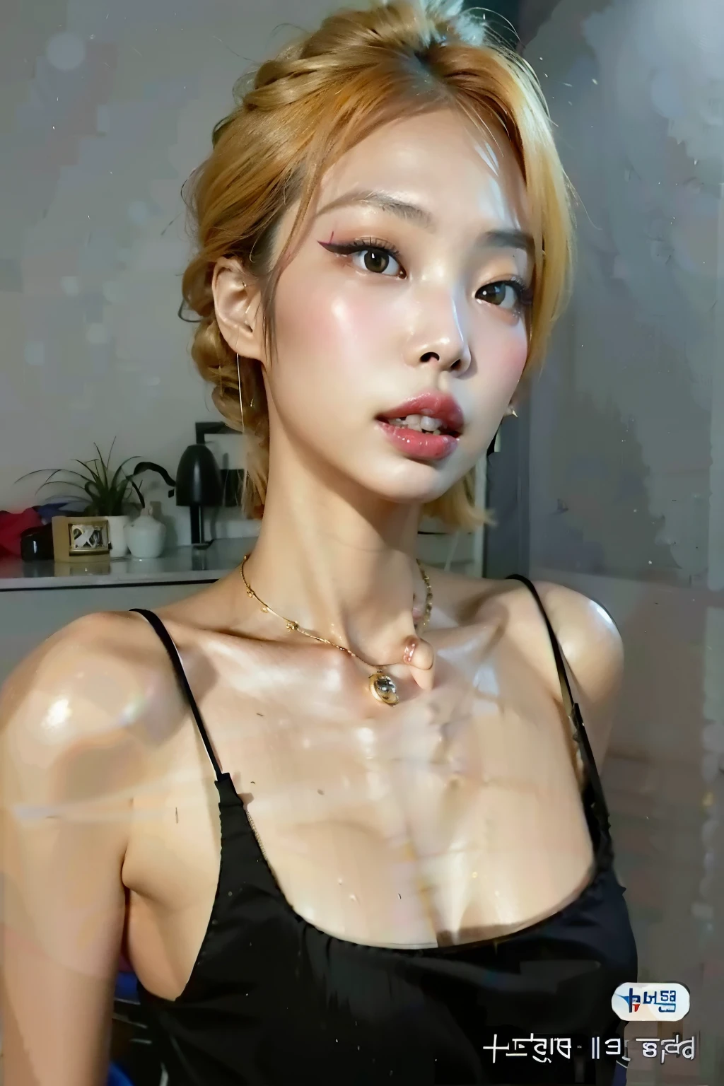 Un primer plano de una mujer con un top negro y un collar, Cara sexy con maquillaje completo, beautiful south Mujer coreana, maquillaje coreano popular, gorgeous young Mujer coreana, Chica coreana, maquillaje popular de Corea del Sur, beautiful young Mujer coreana, beautiful asian girl, Mujer coreana, Beautiful aesthetic face, Aspecto sensual, asian features, Rasgos de la cara coreana, Beautiful asian face Jennie