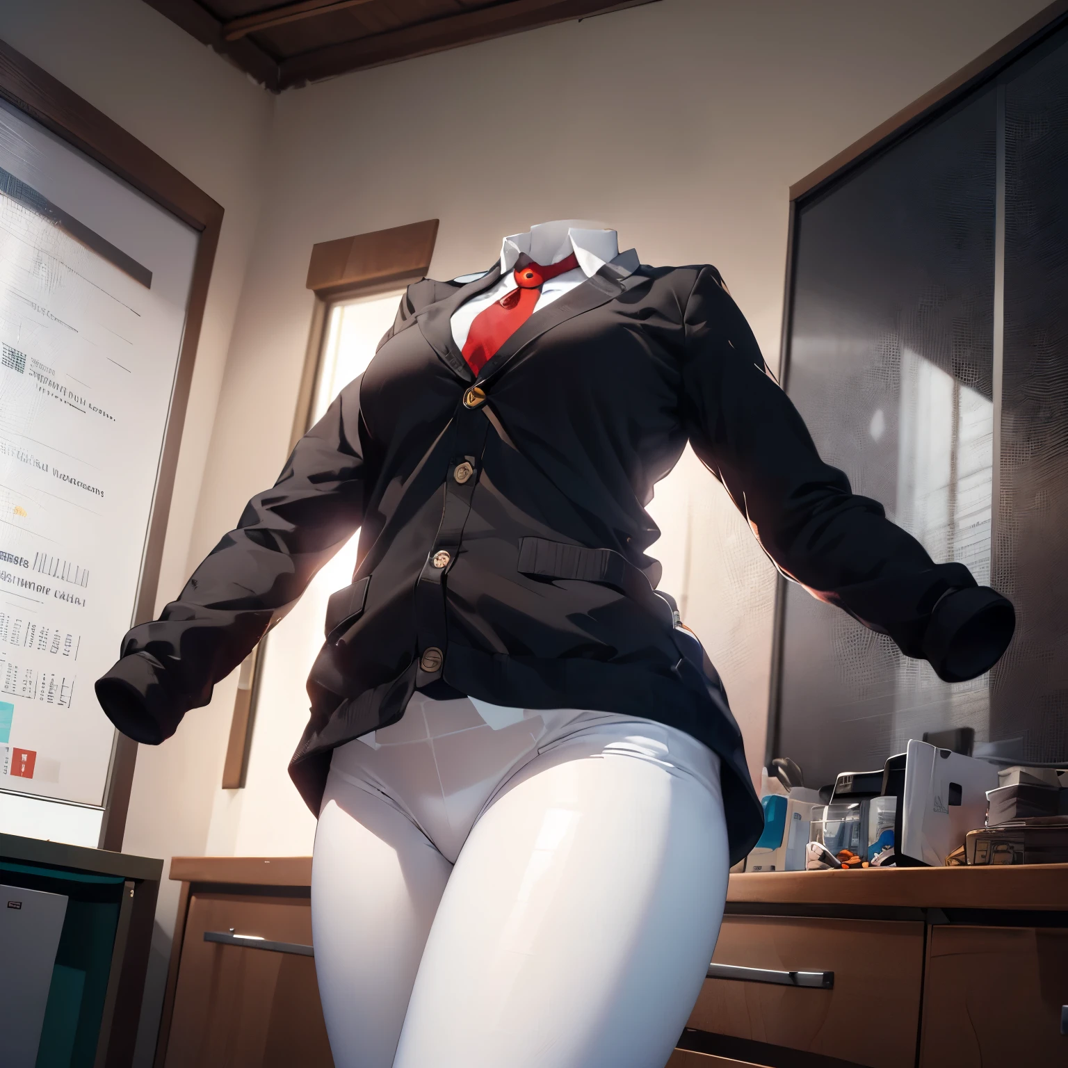 absurdres, highres, ultra detailed, school uniform, stripe tie, cute big breasts, (invisible, no human, headless, handless:1.5), chubby, from below, cute pose, white leggings