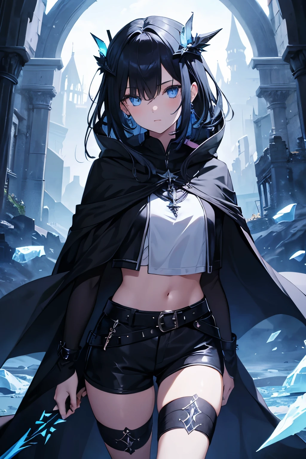 1girl,nihil,blue eyes,black medium hair,fantasy,dagger,shorts,black cloak,ice queen