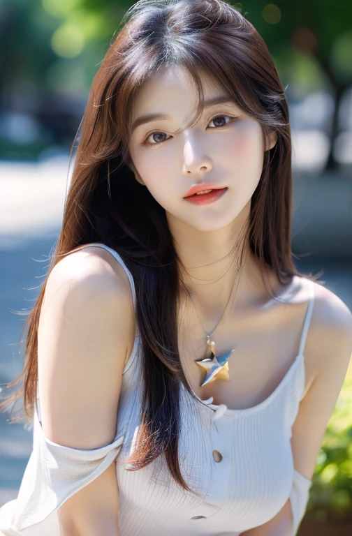 (1 cute Korean star) shoulder length hair, Thinning makeup, big chest size, wearing a tank top, Clear Facial Features, 8K high resolution, edgy, realistic detailed.from outside, Eye-level shooting, f/4.0, 135mm, Fujifilm, jpeg artifacts, dithering, UHD, smooth leg line, sexy legs, ​masterpiece, s whole body, Upper body body, correct posture, Future-proof, Facing Forward