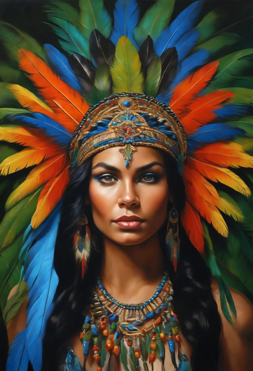 Baroque style painting of a young indigenous woman with a headdress made of Macaw feathers on her head, indigenous body paint, beautiful and strong young woman, blue clothes, green panther eyes, long straight, silky, black hair, in the background forest with jaguars and panthers.