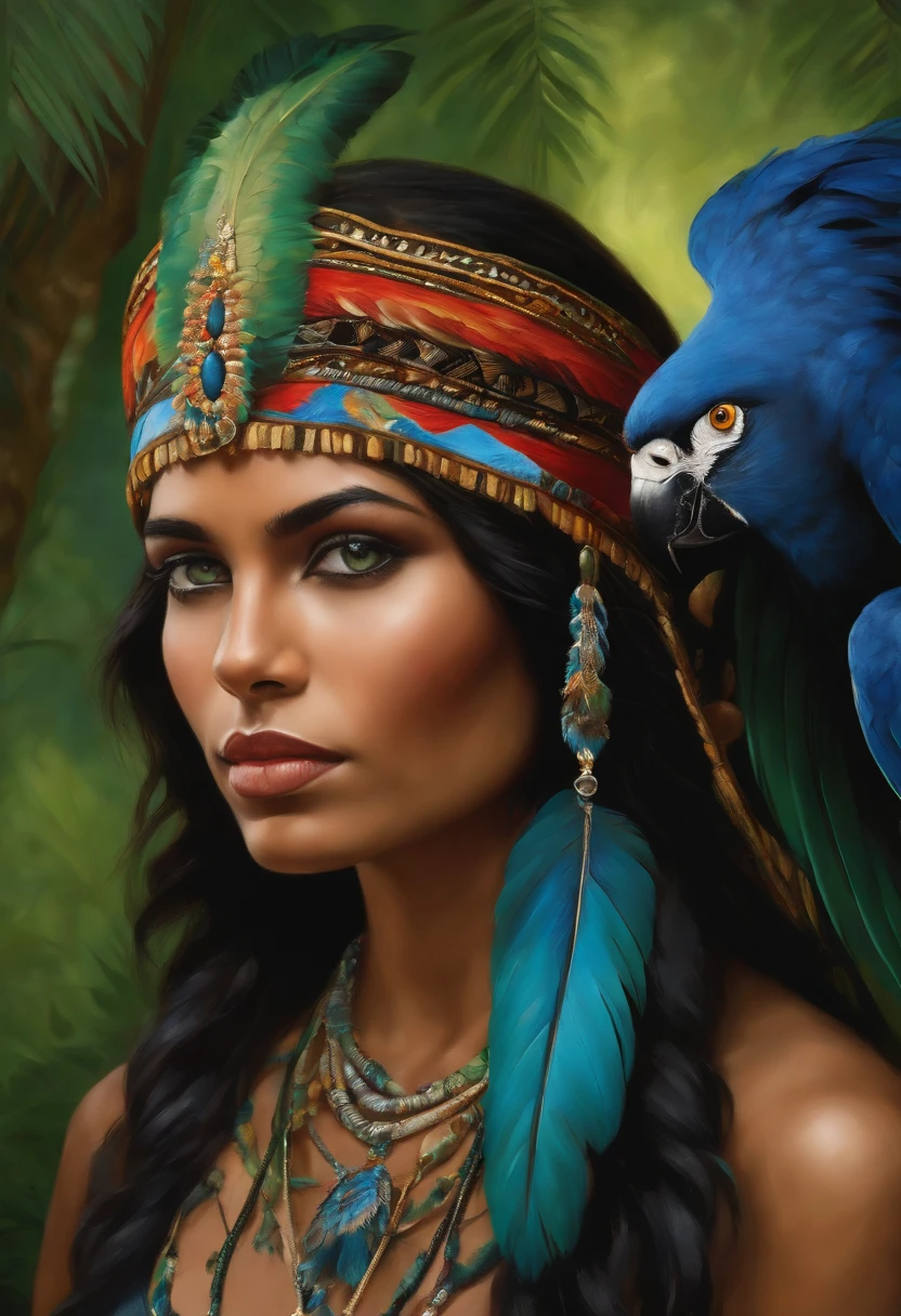 Baroque style painting of a young indigenous woman with a headdress made of Macaw feathers on her head, indigenous body paint, beautiful and strong young woman, blue clothes, green panther eyes, long straight, silky, black hair, in the background forest with jaguars and panthers.