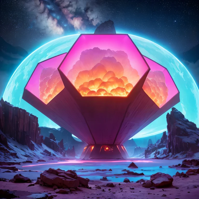 Strange photos of heavy metal planetary clouds, Electron microscopy photography, Tissue engineering, Infrared spectroscopy, Statistical mechanics, Dada Photo Montage, future proposals, Mark Caseley, quantum level ,Light orange style,Purple pink series,Alien Hexagonal Base (Nipples are very delicate) In a hexagonal mountain oasis,There are several hexagonal exhaust fans and chimneys, some neon lights project from the base,Light up the night), There are some clouds in the night sky, Some surrounding planets provide air to unknown planets,The most remote giant hexagonal volcano erupts,the rainforest