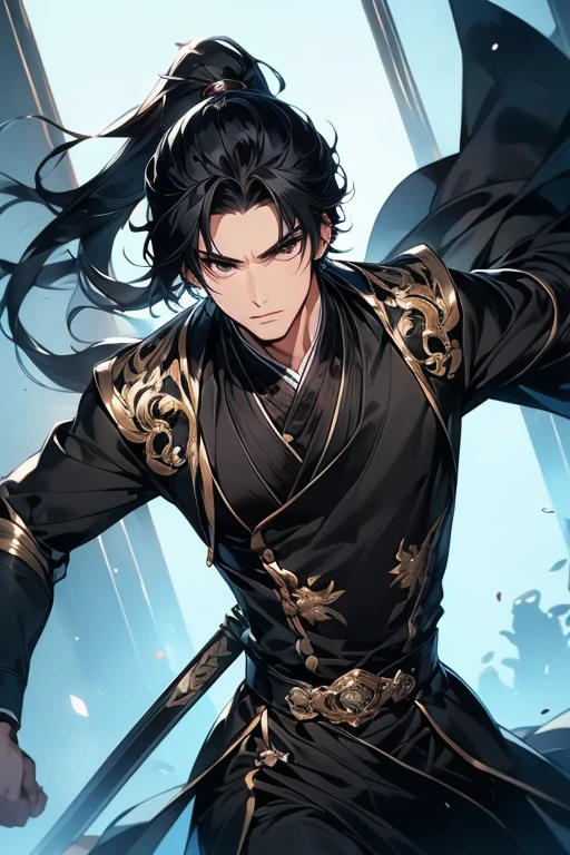 (Best quality,A high resolution,The image is clear,firestorm,:1.2),a handsome,the only person,Ultra detailed backgrounds,Beautiful ager standing holding sword,Black chinoiserie clothes,high ponytails,natta,Black colored eyeirestorm天气,dim fog,,Dutch Angle Shot,intense atmosphere,,portrait of upper body,Eye focus,a sharp gaze,