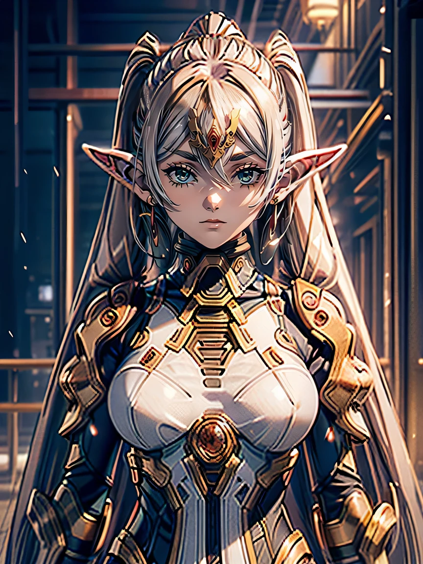 Dynamic fighting stance,1 Elf Girl,(ears are long,More skin),Curve,Petite,(Hairstyle is Twintails),Beautiful breasts,pale skin,pointed breast,Erect nipple extraction technique,Highest image quality,Hyperrealist portrait,(8K),Ultra-realistic,Best Quality, High quality, High Definition, High quality texture,high detailing,Beautiful detailed,fine detailed,extremely details CG,Detailed texture,realistic representation of face,masutepiece,presence,Dynamic,Bold),Bob Hair,(super thin hair),(ultra soft hair),(ultra straight hair:1.5),Swept long bangs,very light coppery amber hair,Hair over one eye