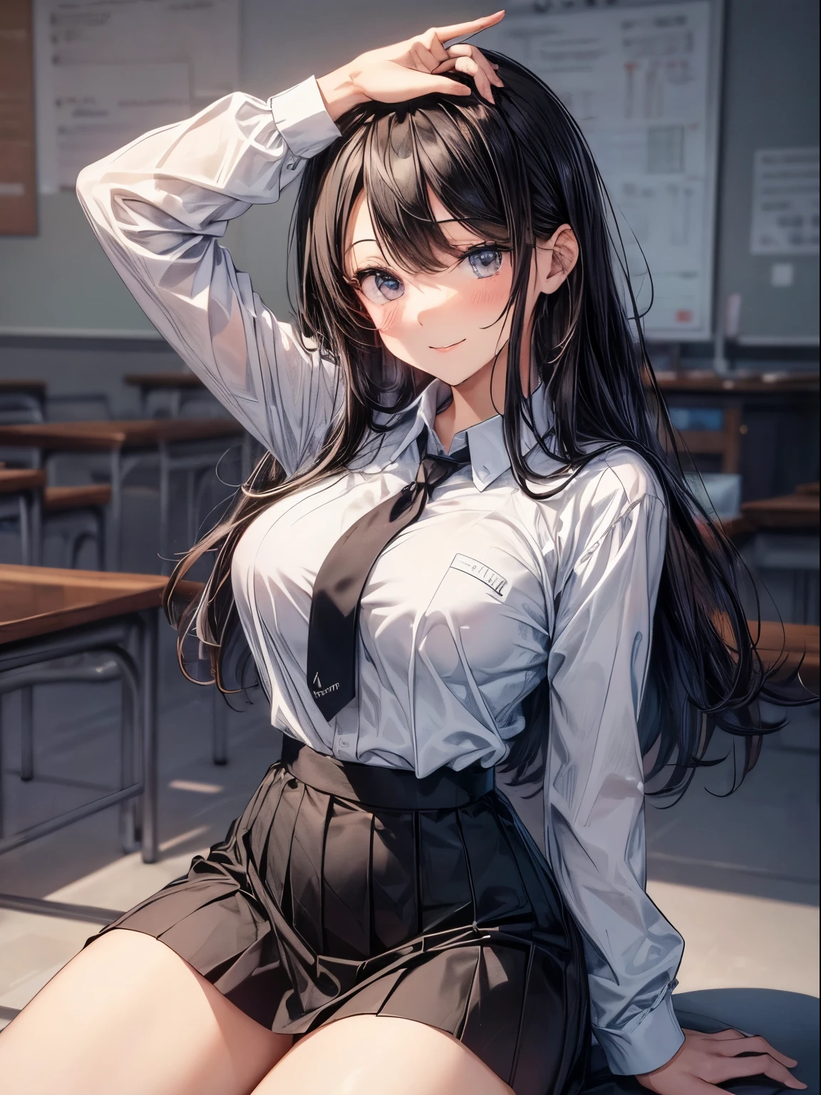 top-quality、Full limbs、complete fingers、((one beautiful women))、Beautiful busty woman、Women with straight hair、Woman with dark hair、hi-school girl、Thin long-sleeved Y-shirt with collar、Black tie、Black skirt、Classroom、A big smile、Sit on the desk with your legs open in a sexy pose、White panties
